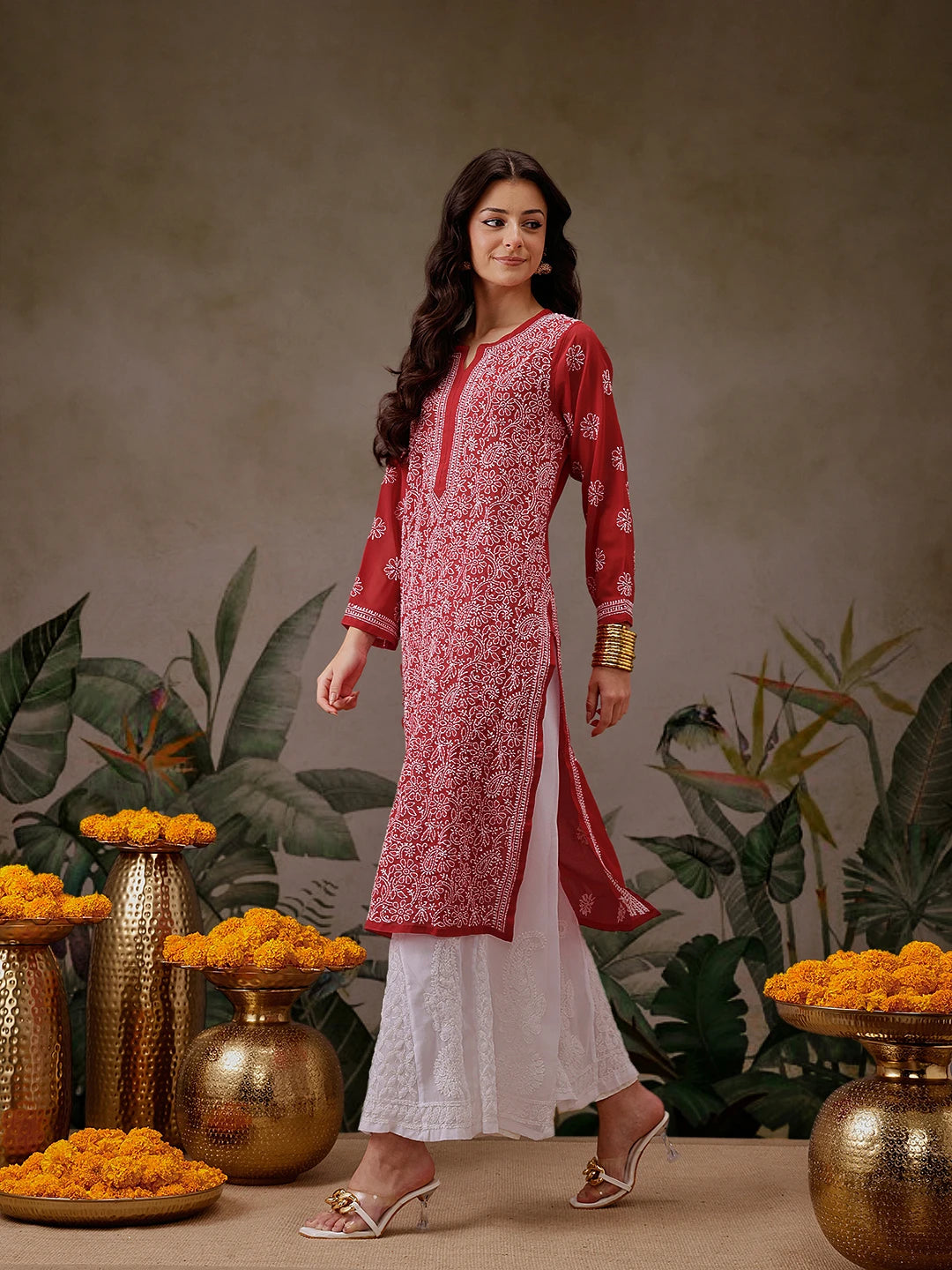 Ada Hand Embroidered Red Georgette Lucknowi Chikankari Straight Kurta A95556
