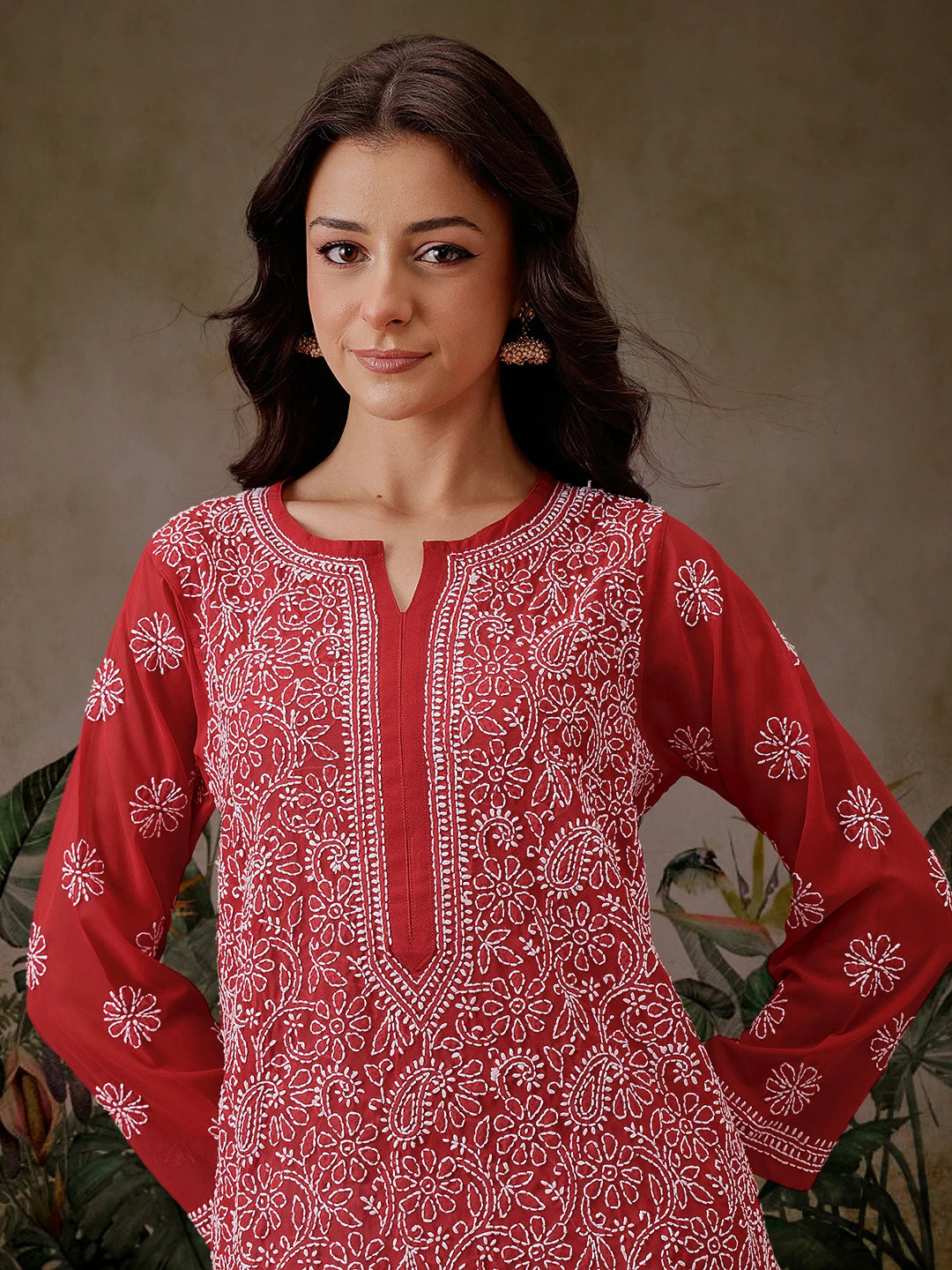 Ada Hand Embroidered Red Georgette Lucknowi Chikankari Straight Kurta A95556