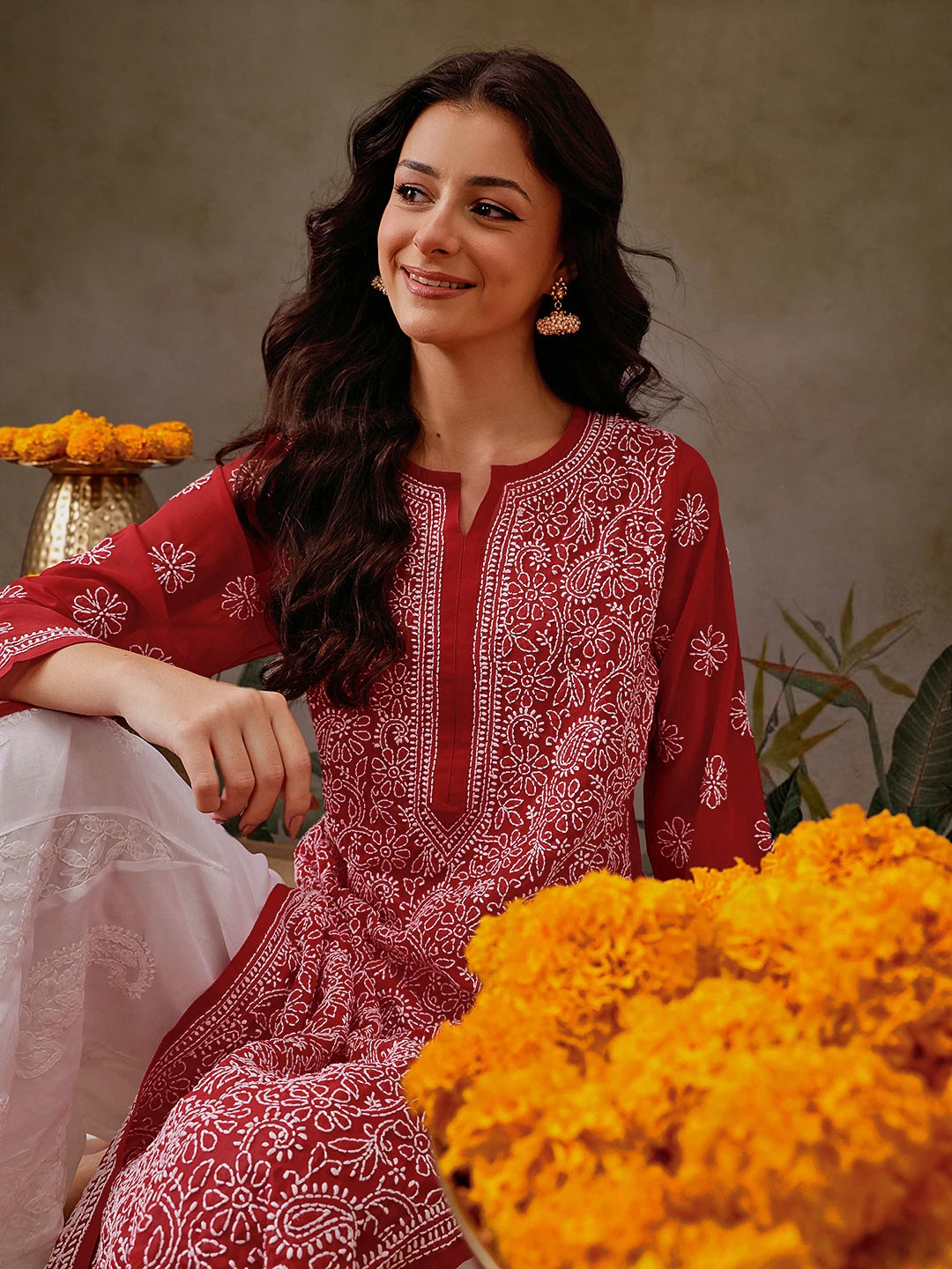 Ada Hand Embroidered Red Georgette Lucknowi Chikankari Straight Kurta A95556