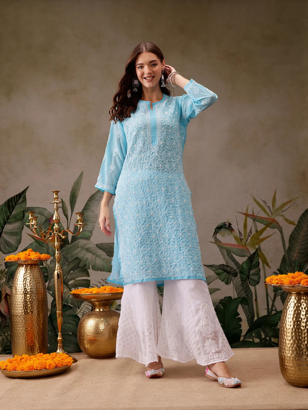 Ada Hand Embroidered Blue Georgette Lucknowi Chikankari Straight Kurta With Palazzo A811306