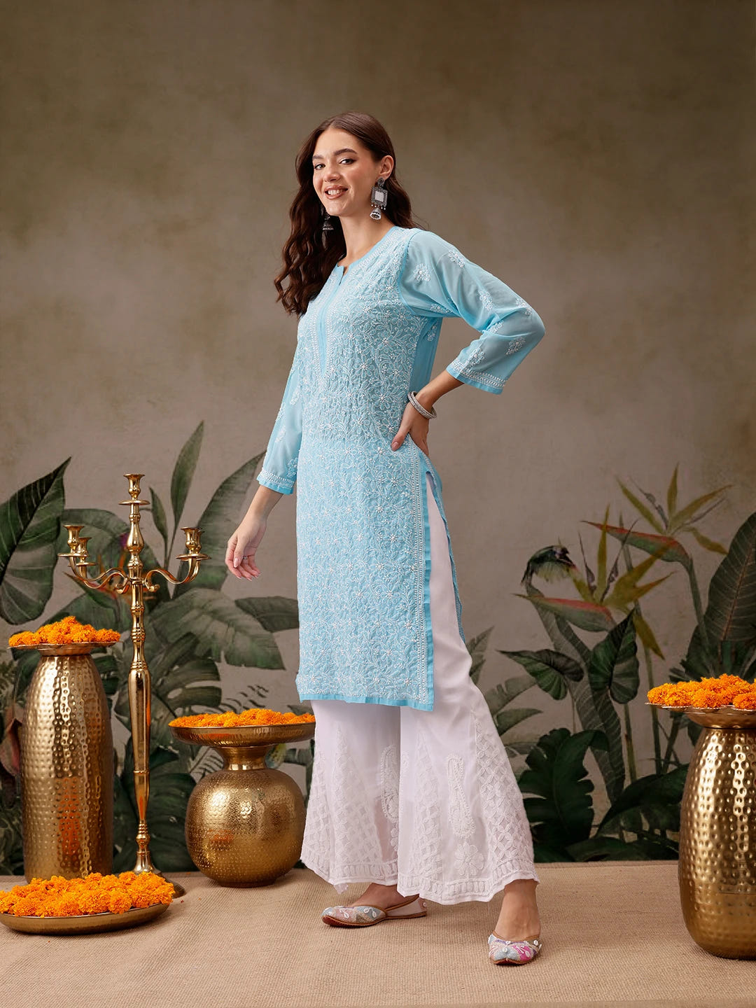 Ada Hand Embroidered Blue Georgette Lucknowi Chikankari Straight Kurta With Palazzo A811306