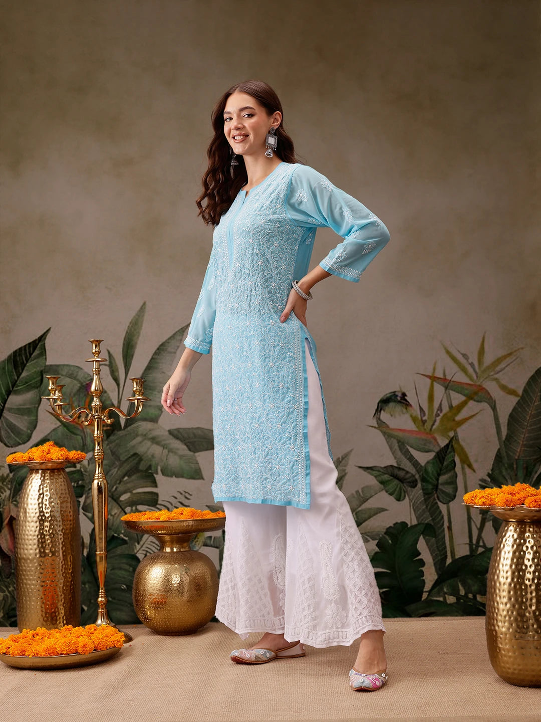 Ada Hand Embroidered Blue Georgette Lucknowi Chikankari Straight Kurta With Palazzo A811306