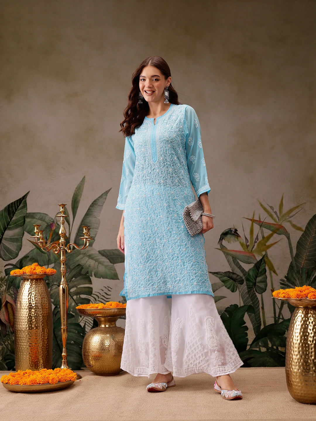 Ada Hand Embroidered Blue Georgette Lucknowi Chikankari Straight Kurta With Palazzo A811306