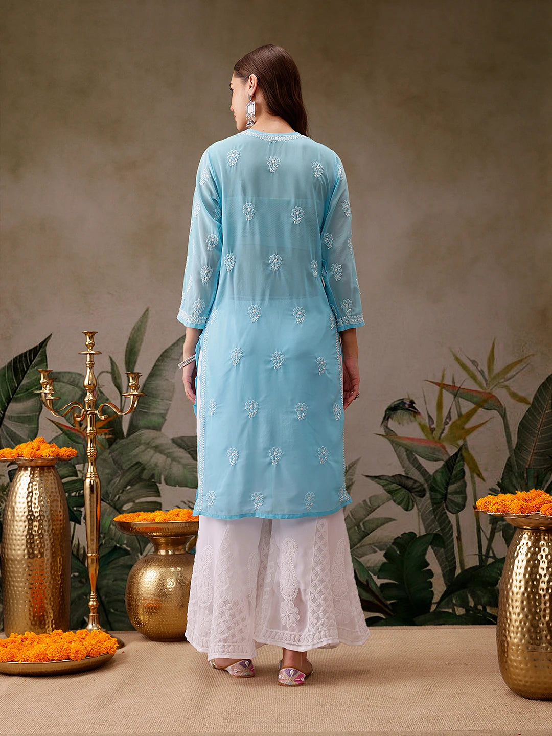 Ada Hand Embroidered Blue Georgette Lucknowi Chikankari Straight Kurta With Palazzo A811306