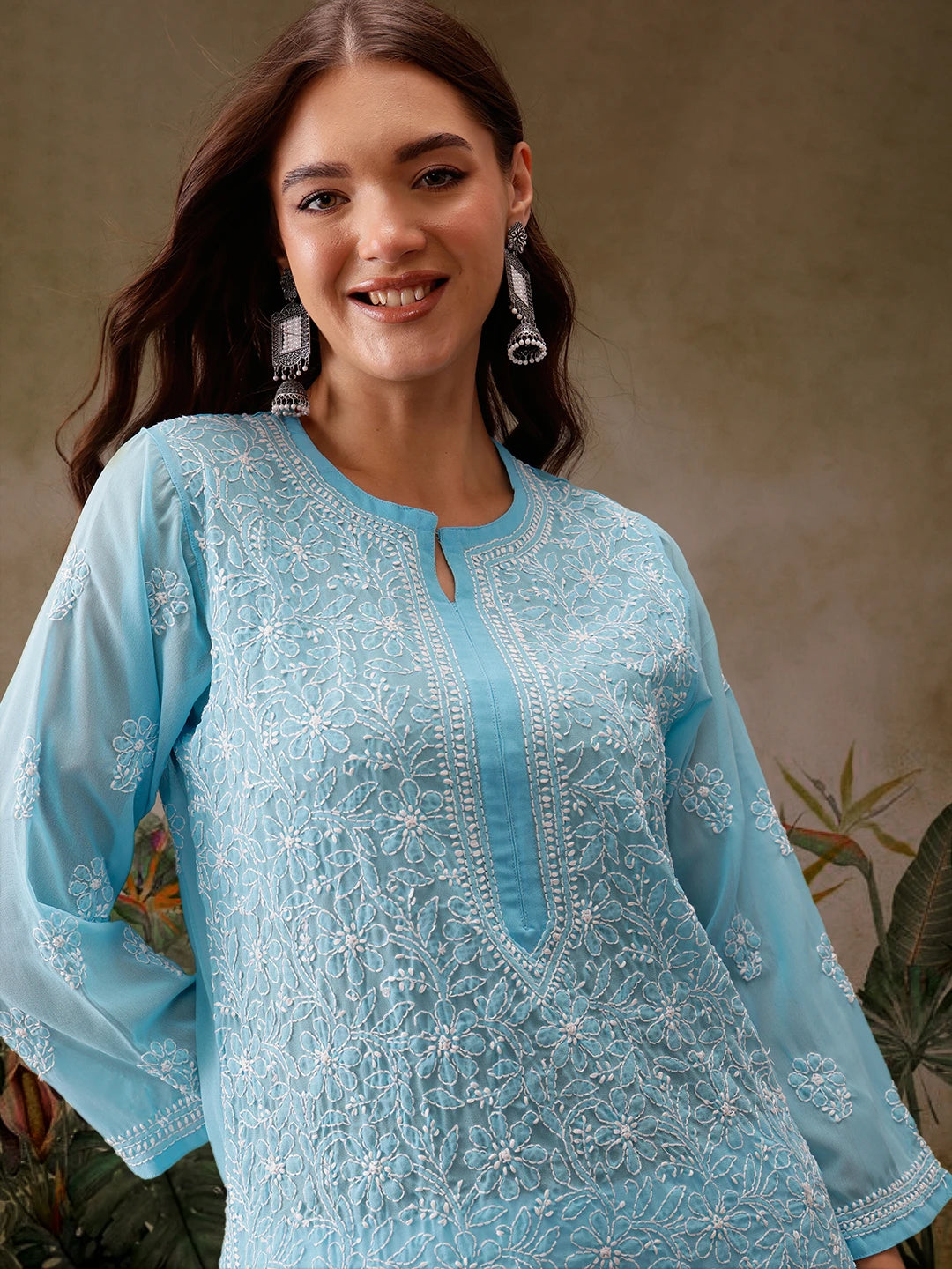 Ada Hand Embroidered Blue Georgette Lucknowi Chikankari Straight Kurta With Palazzo A811306