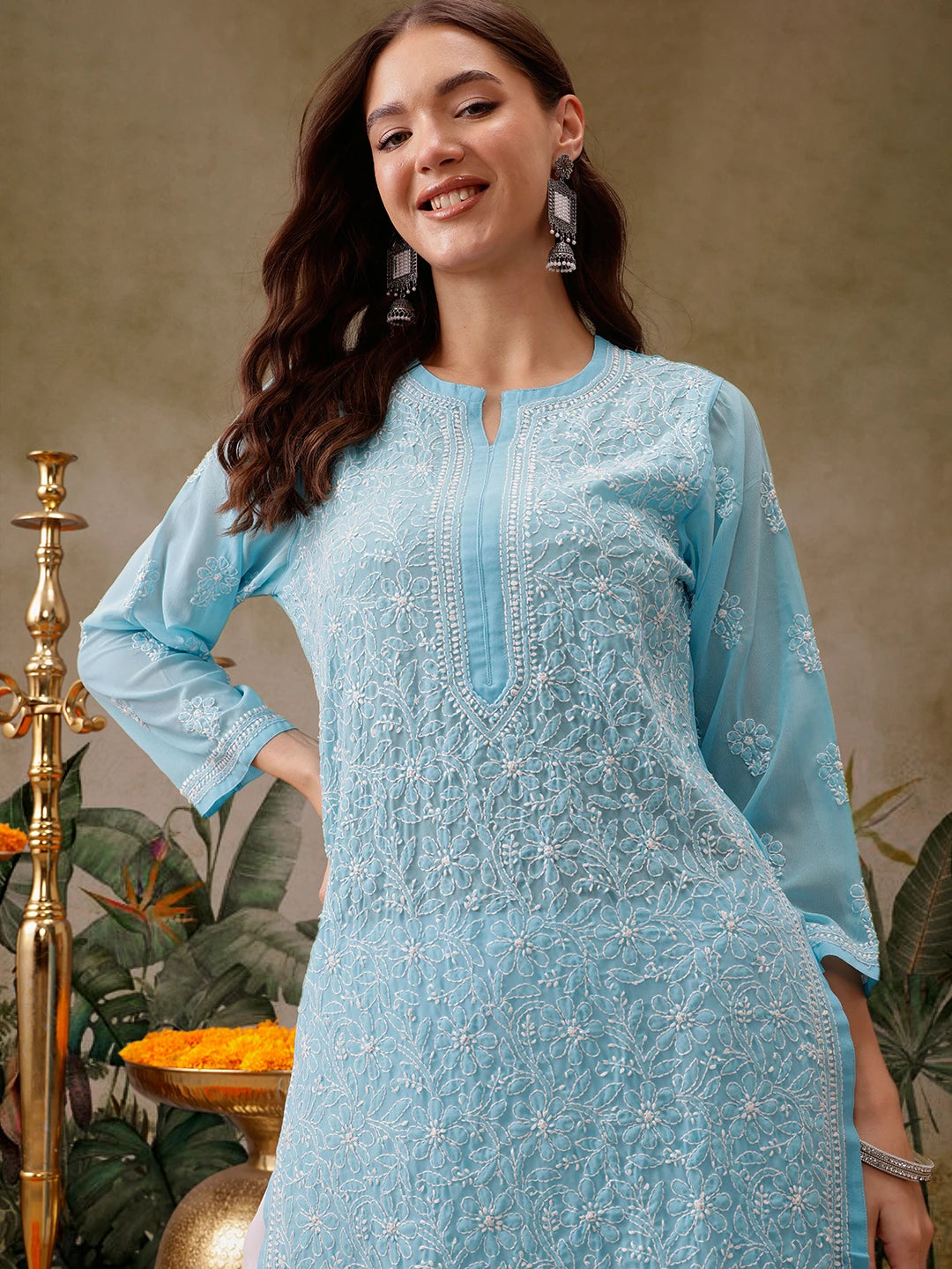 Ada Hand Embroidered Blue Georgette Lucknowi Chikankari Straight Kurta With Palazzo A811306