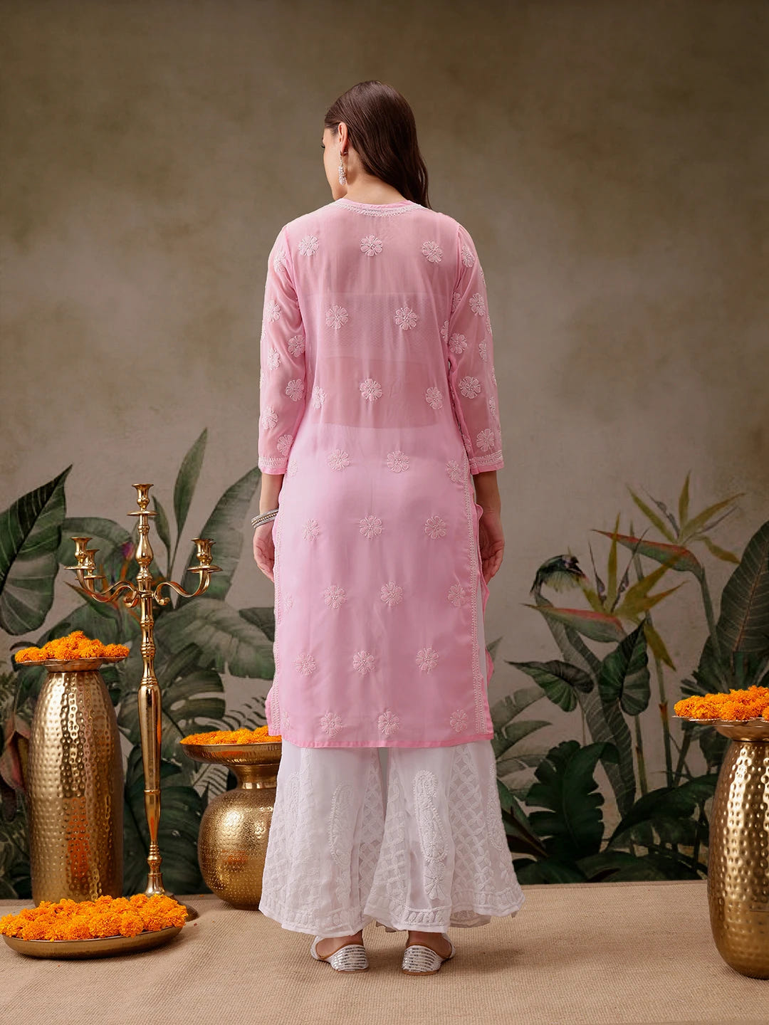 Ada Hand Embroidered Baby Pink Georgette Lucknowi Chikankari Straight Kurta With Palazzo A811307