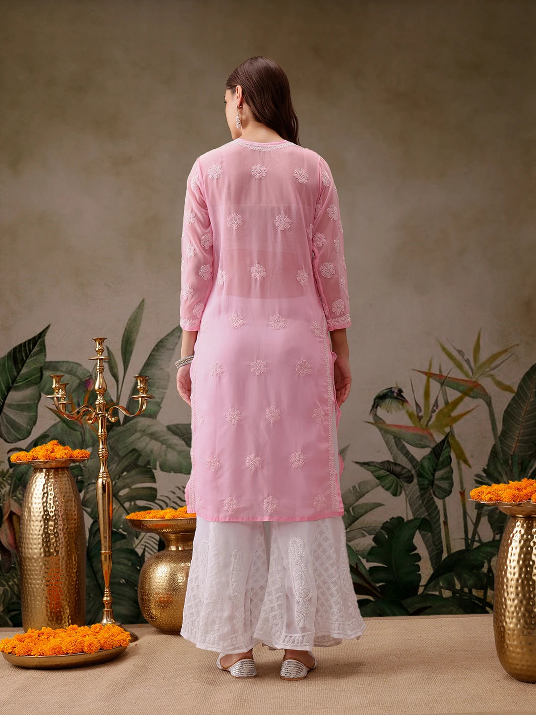 Ada Hand Embroidered Baby Pink Georgette Lucknowi Chikankari Straight Kurta With Palazzo A811307