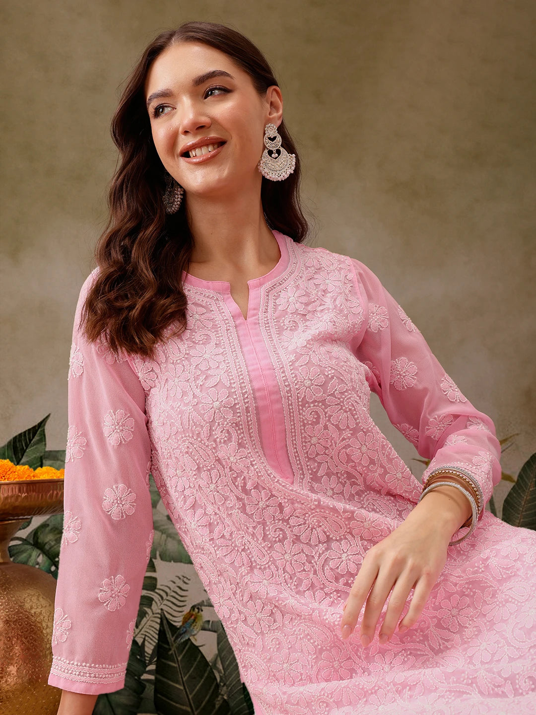 Ada Hand Embroidered Baby Pink Georgette Lucknowi Chikankari Straight Kurta With Palazzo A811307