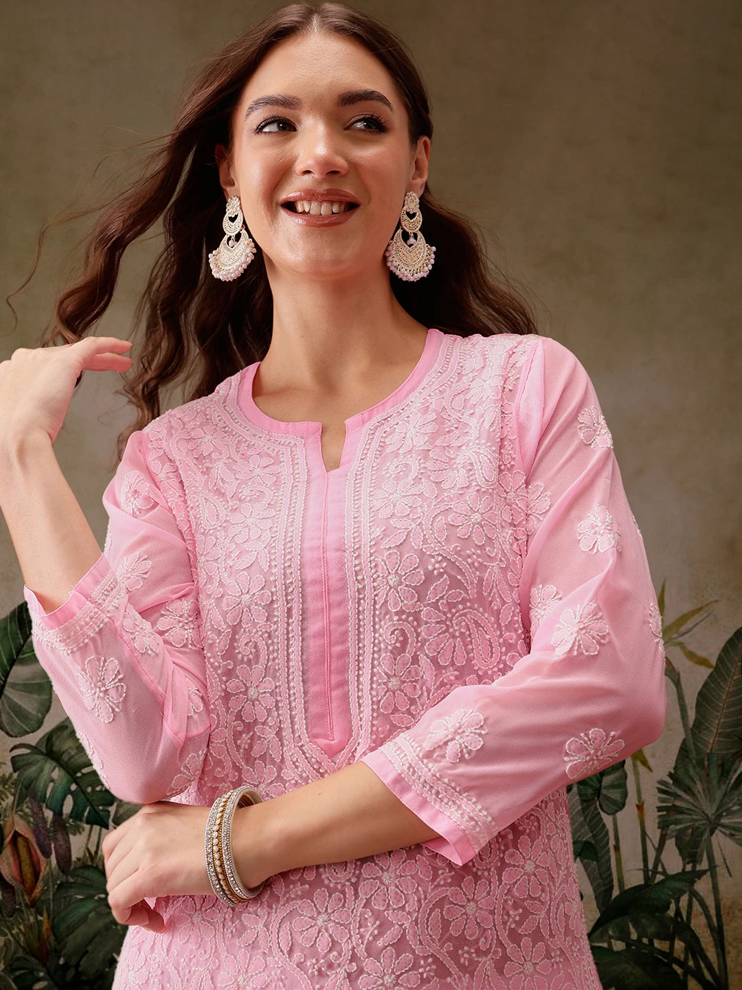 Ada Hand Embroidered Baby Pink Georgette Lucknowi Chikankari Straight Kurta With Palazzo A811307
