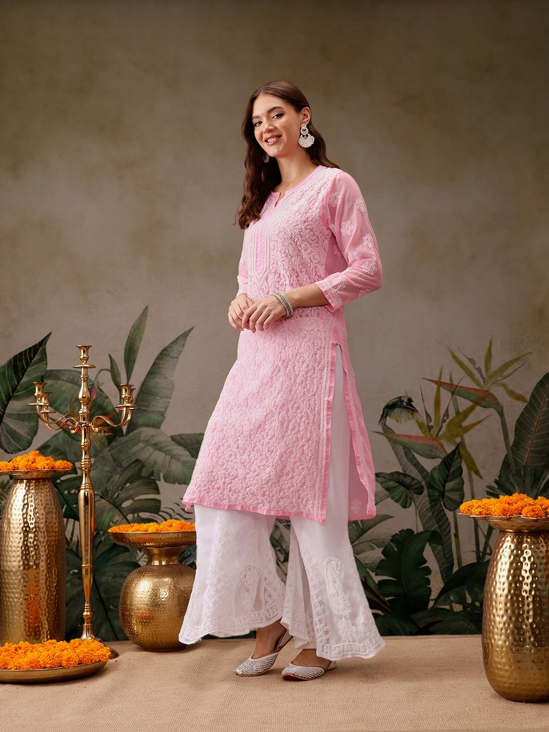 Ada Hand Embroidered Baby Pink Georgette Lucknowi Chikankari Straight Kurta With Palazzo A811307