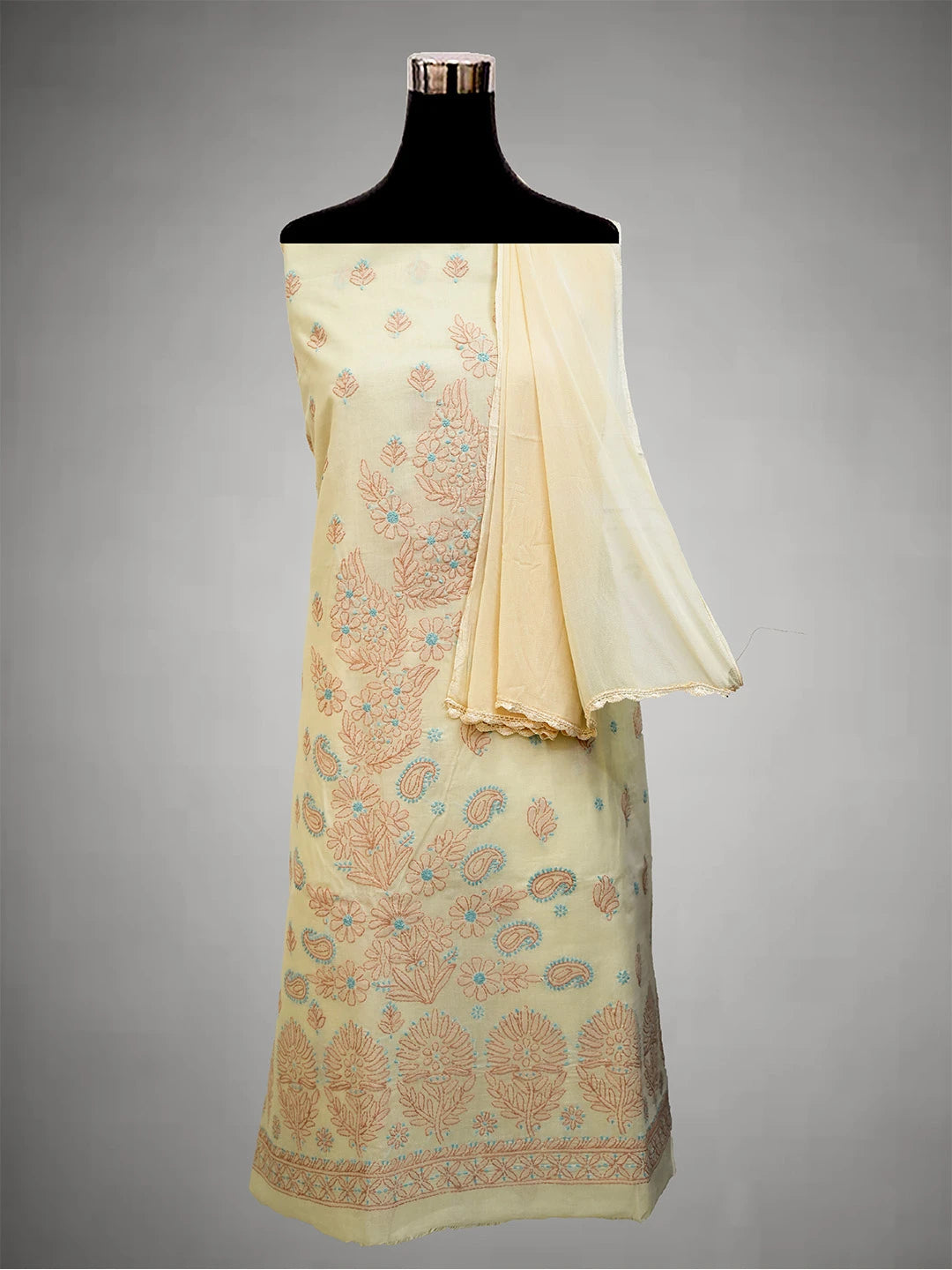 Ada Hand Embroidered Fawn Cotton Lucknowi Chikankari Unstitched Suit Piece 01A690746