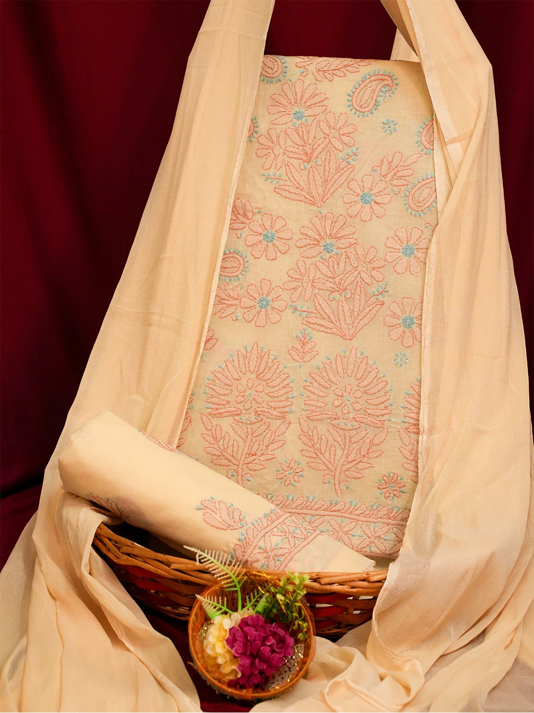 Ada Hand Embroidered Fawn Cotton Lucknowi Chikankari Unstitched Suit Piece 01A690746
