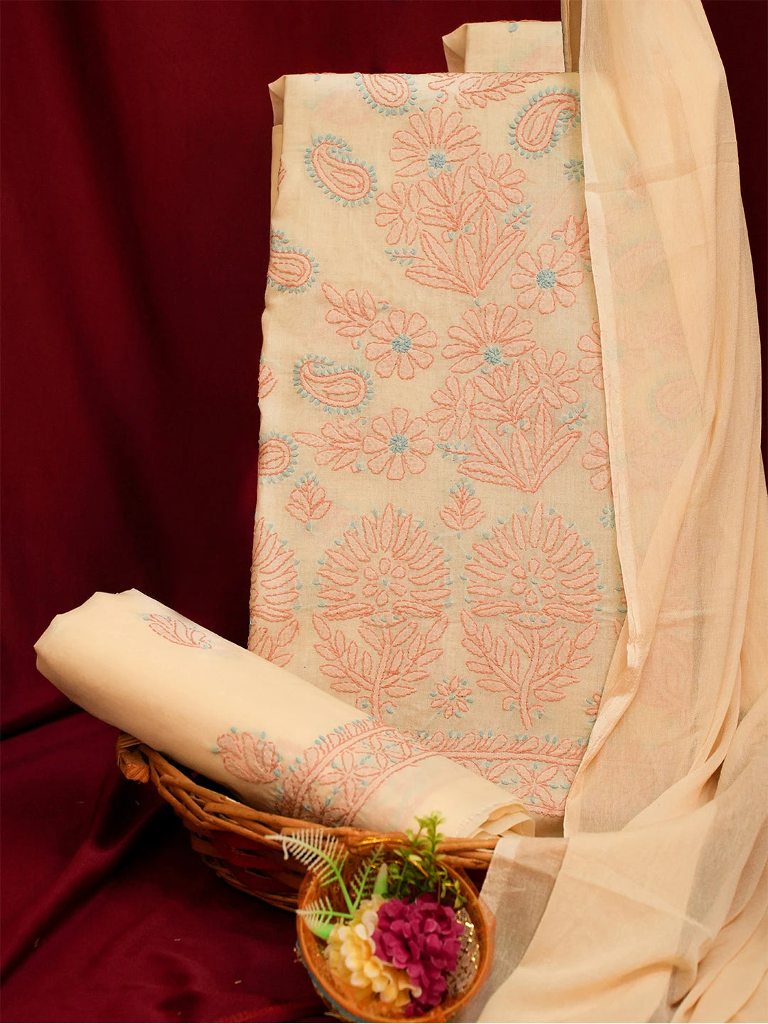 Ada Hand Embroidered Fawn Cotton Lucknowi Chikankari Unstitched Suit Piece 01A690746