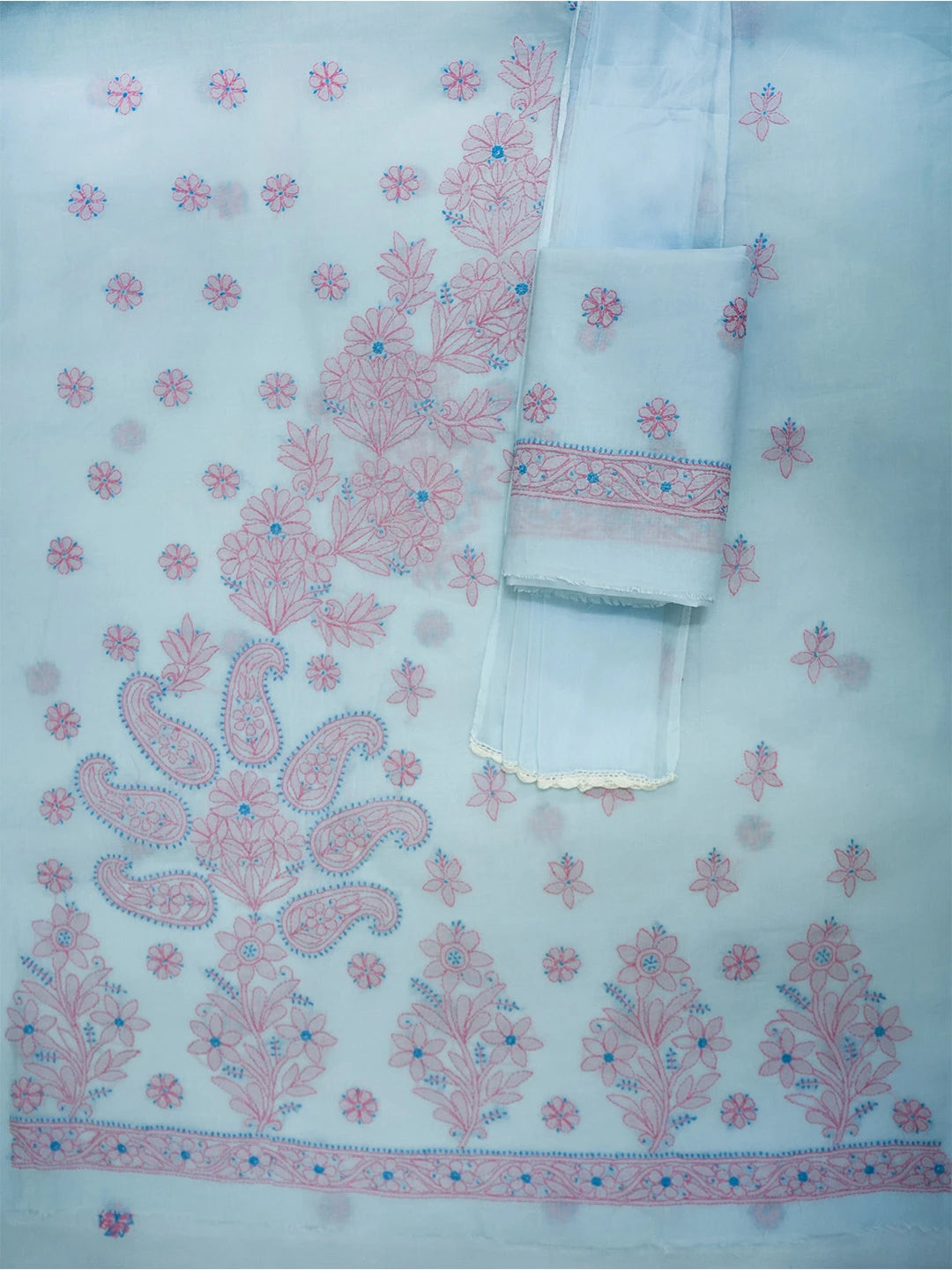 Ada Hand Embroidered Blue Cotton Lucknowi Chikankari Unstitched Suit Piece 01A690654