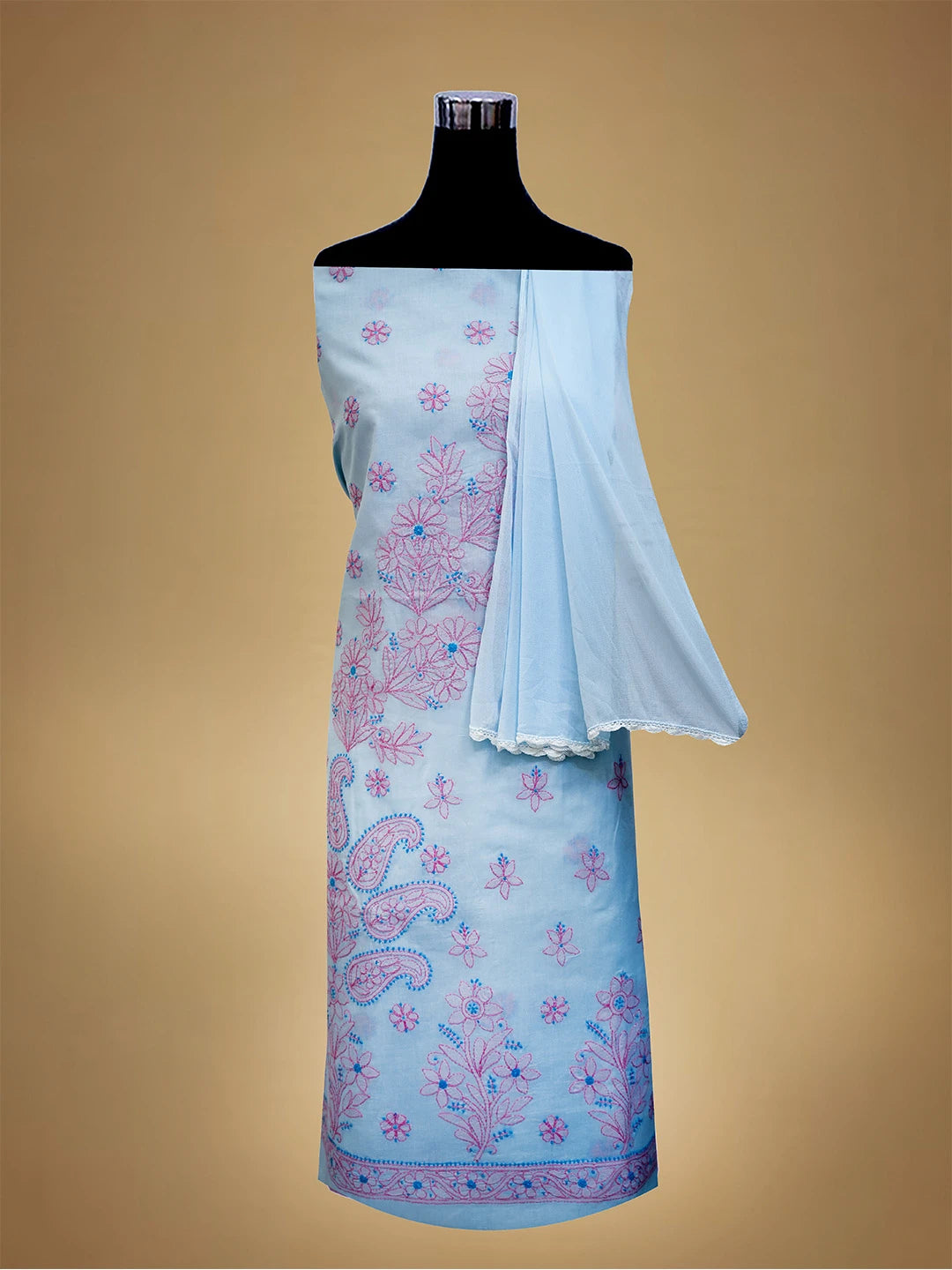 Ada Hand Embroidered Blue Cotton Lucknowi Chikankari Unstitched Suit Piece 01A690654