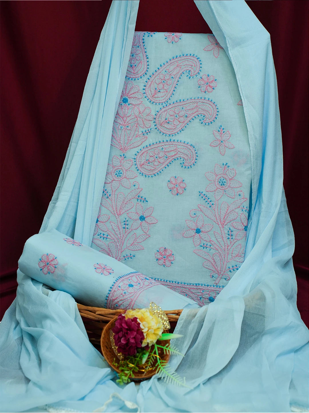 Ada Hand Embroidered Blue Cotton Lucknowi Chikankari Unstitched Suit Piece 01A690654