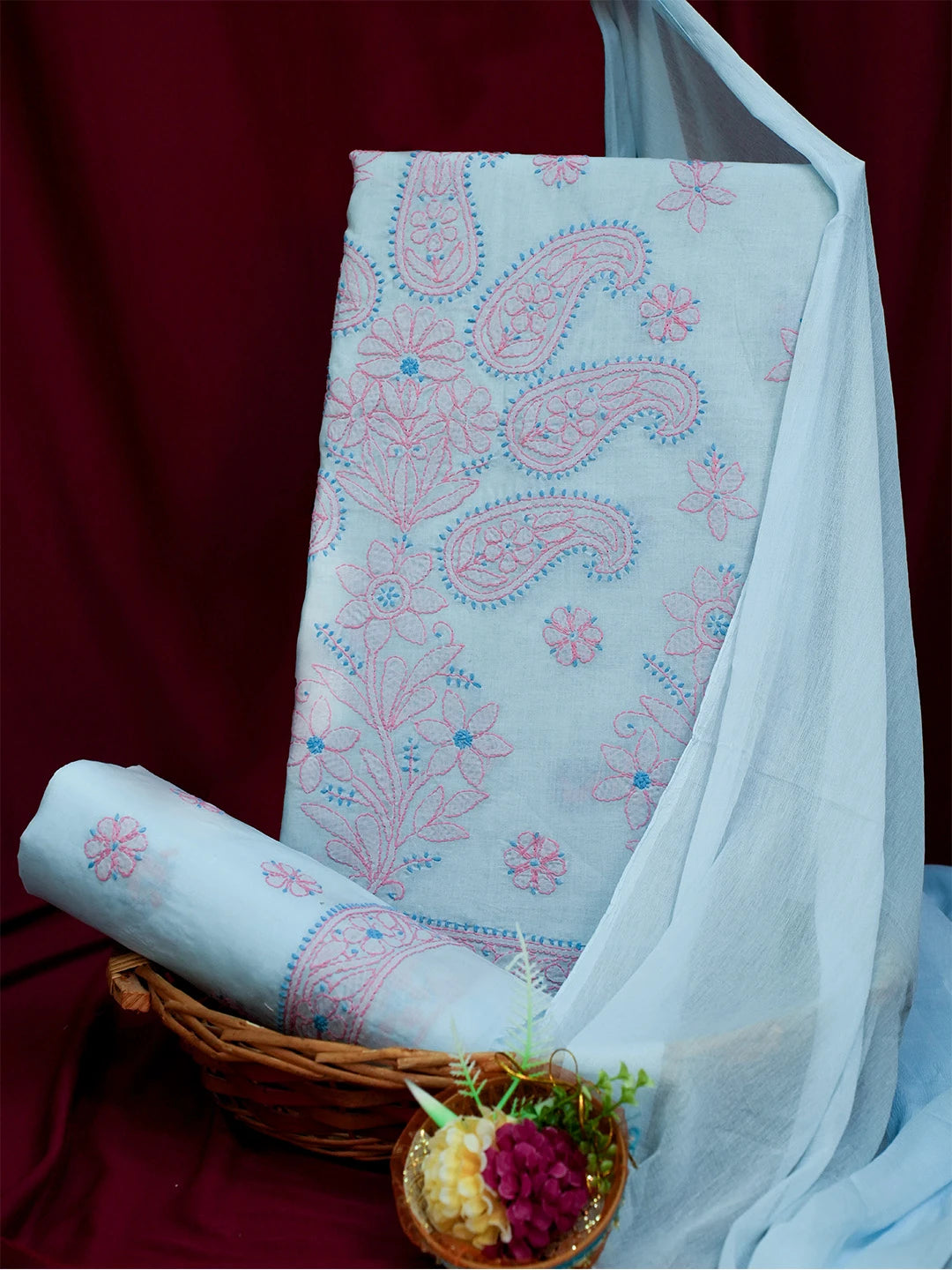 Ada Hand Embroidered Blue Cotton Lucknowi Chikankari Unstitched Suit Piece 01A690654