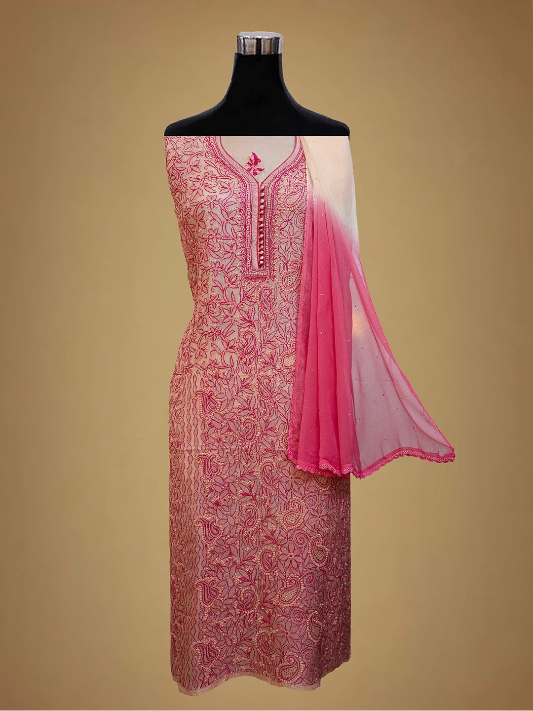 Ada Hand Embroidered Dusty Peach Silk Lucknowi Chikankari Unstitched Suit Piece 01A691893