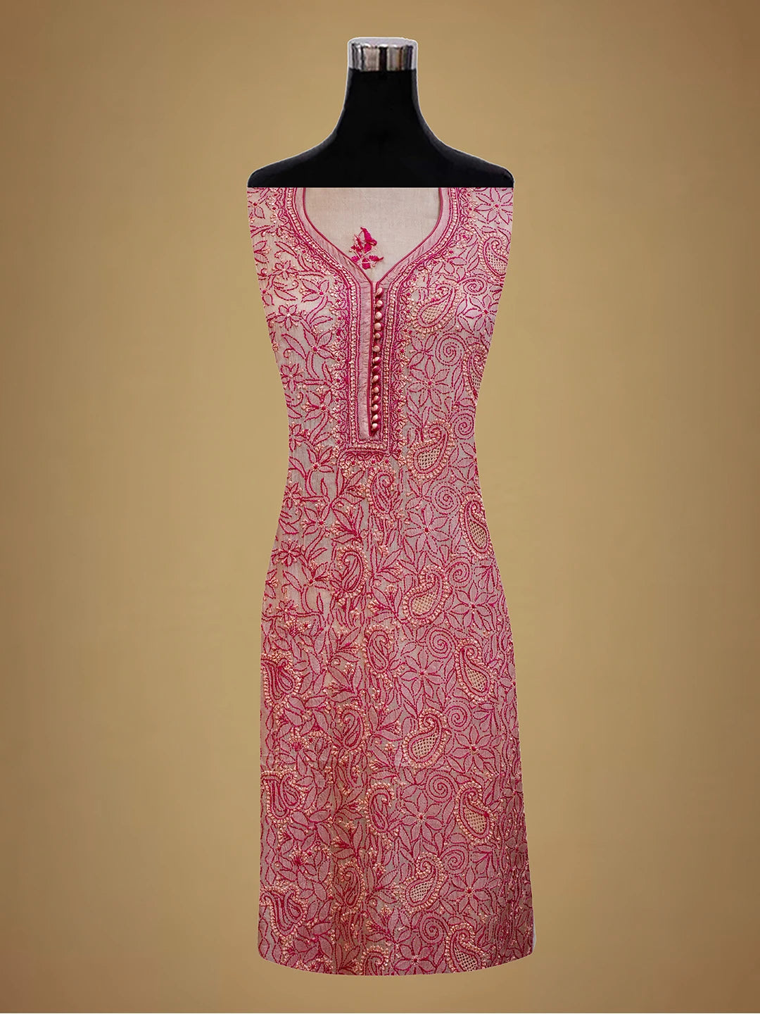 Ada Hand Embroidered Dusty Peach Silk Lucknowi Chikankari Unstitched Suit Piece 01A691893