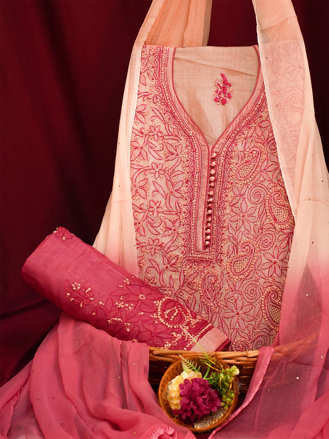 Ada Hand Embroidered Dusty Peach Silk Lucknowi Chikankari Unstitched Suit Piece 01A691893