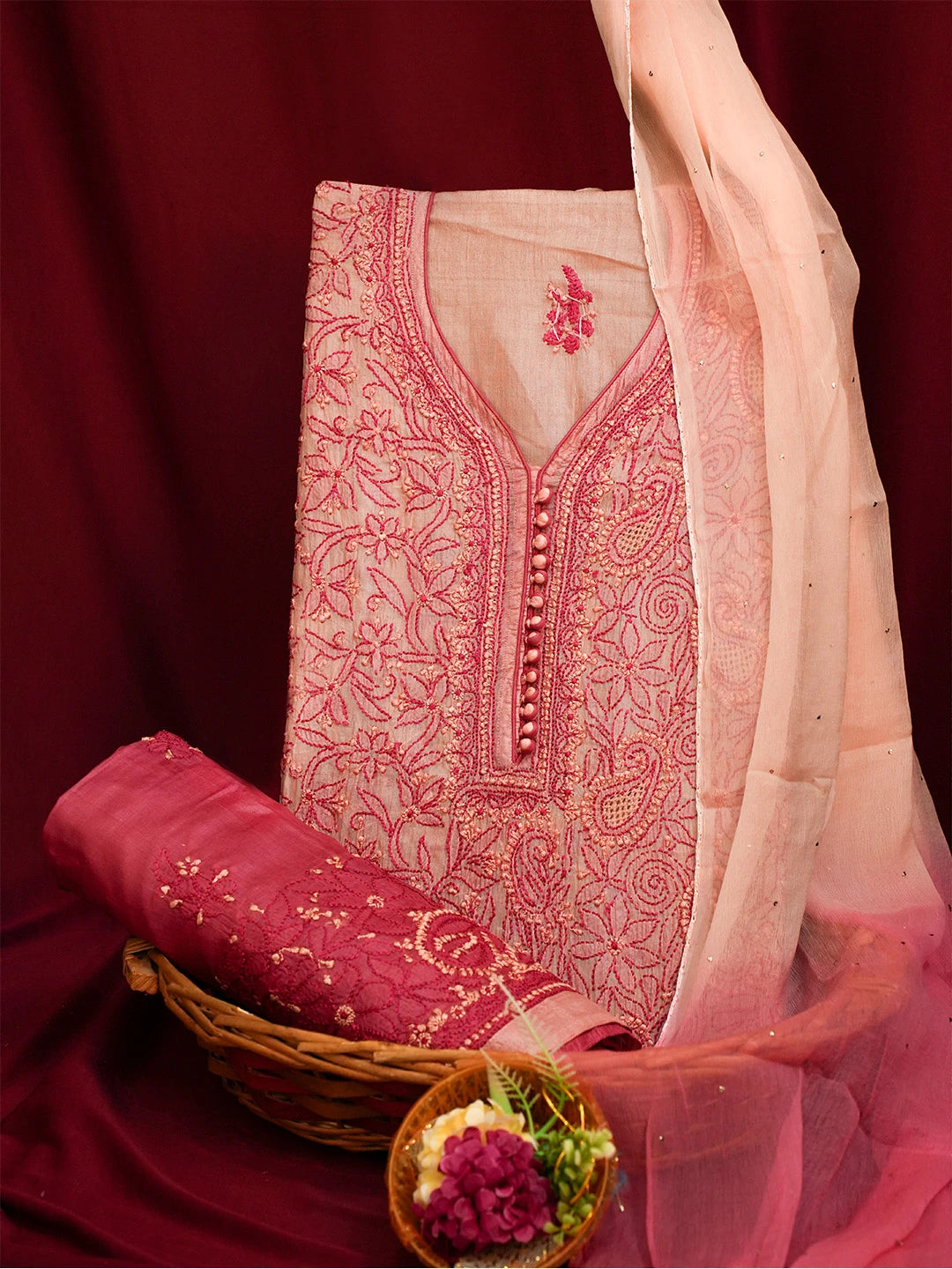 Ada Hand Embroidered Dusty Peach Silk Lucknowi Chikankari Unstitched Suit Piece 01A691893