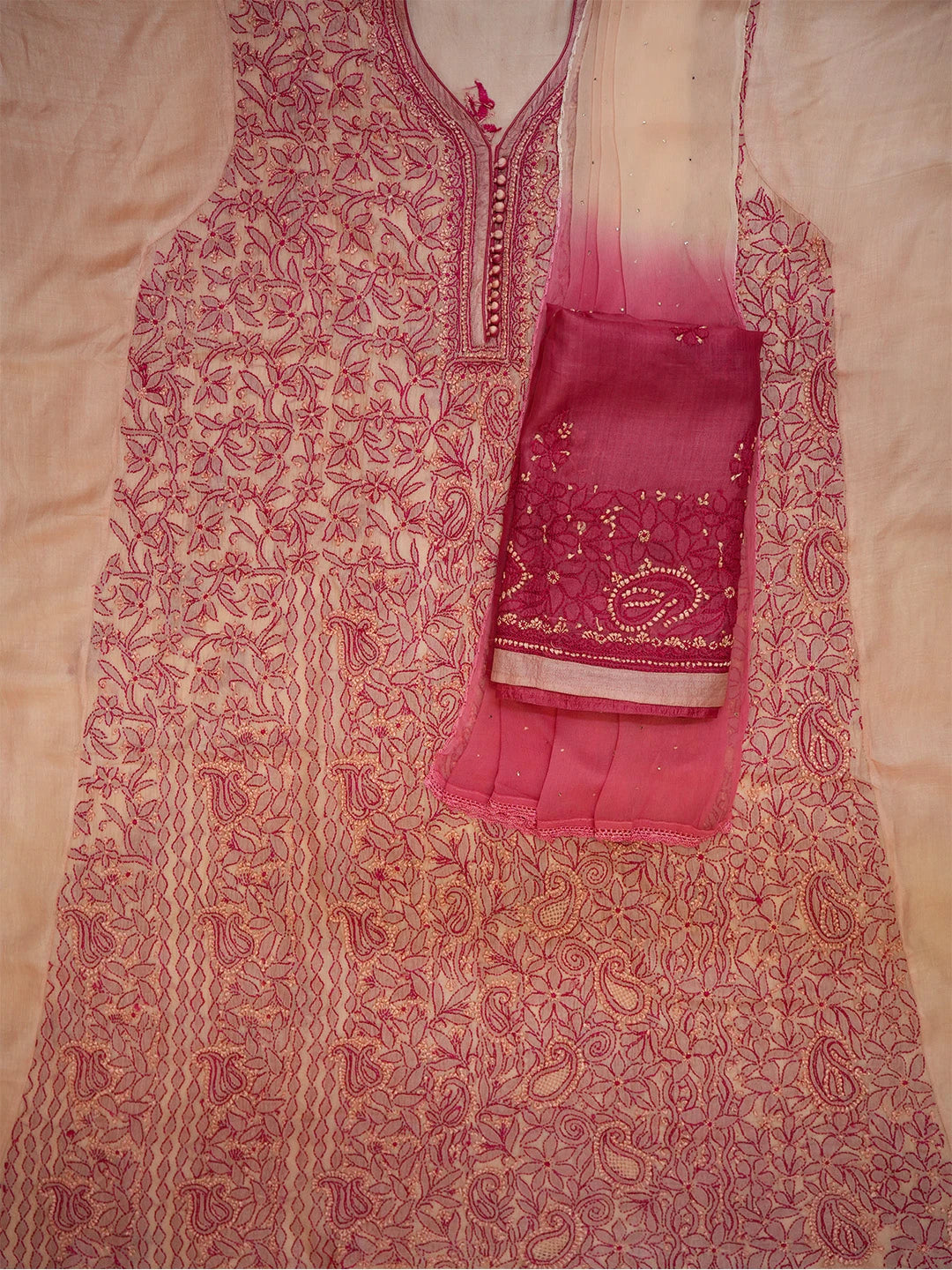 Ada Hand Embroidered Dusty Peach Silk Lucknowi Chikankari Unstitched Suit Piece 01A691893
