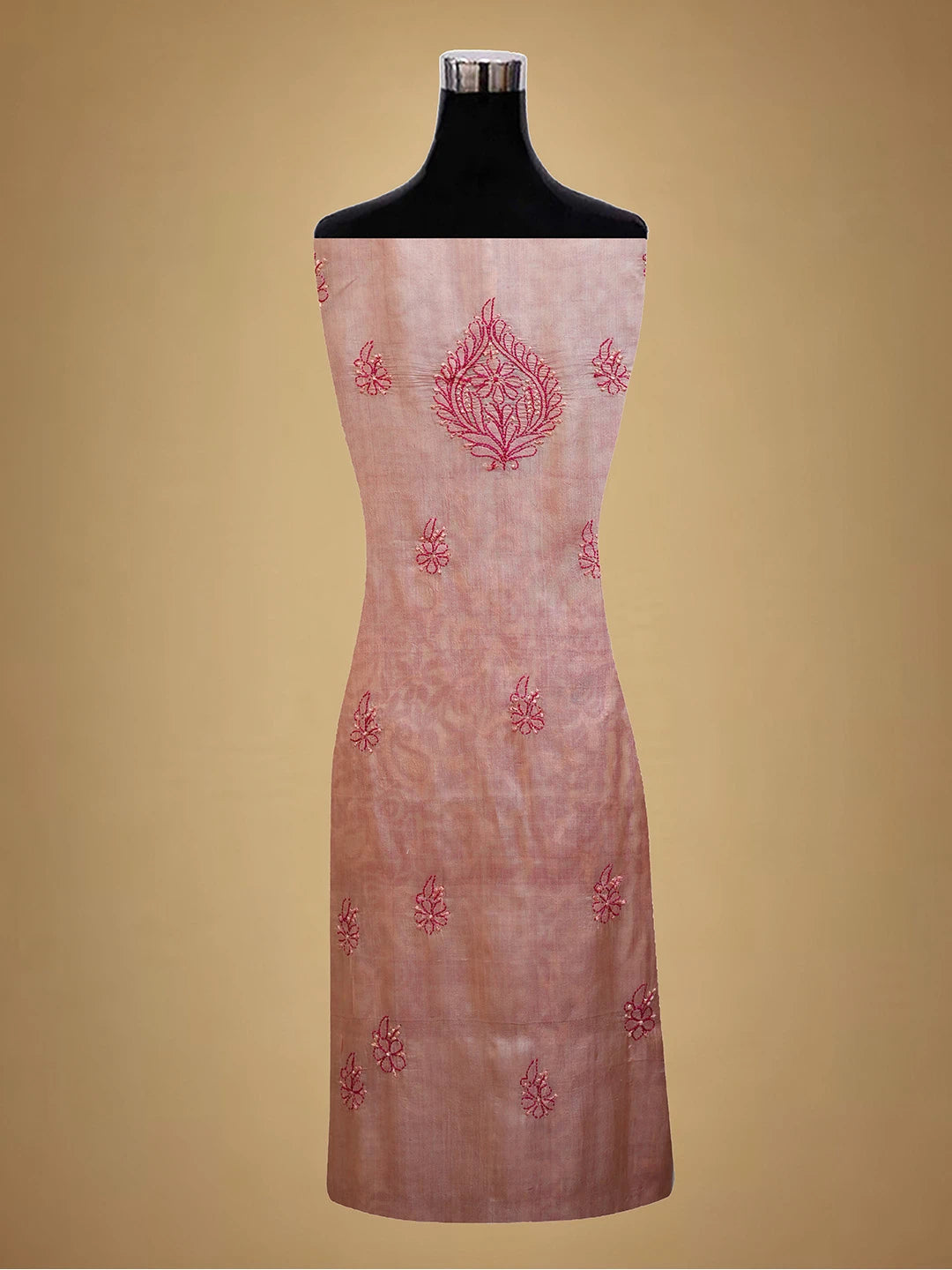 Ada Hand Embroidered Dusty Peach Silk Lucknowi Chikankari Unstitched Suit Piece 01A691893