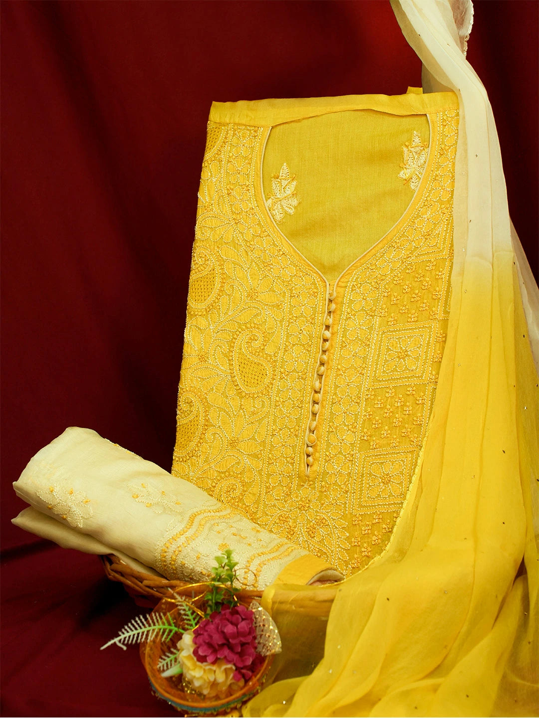 Ada Hand Embroidered Yellow Silk Lucknowi Chikankari Unstitched Suit Piece 01A691871