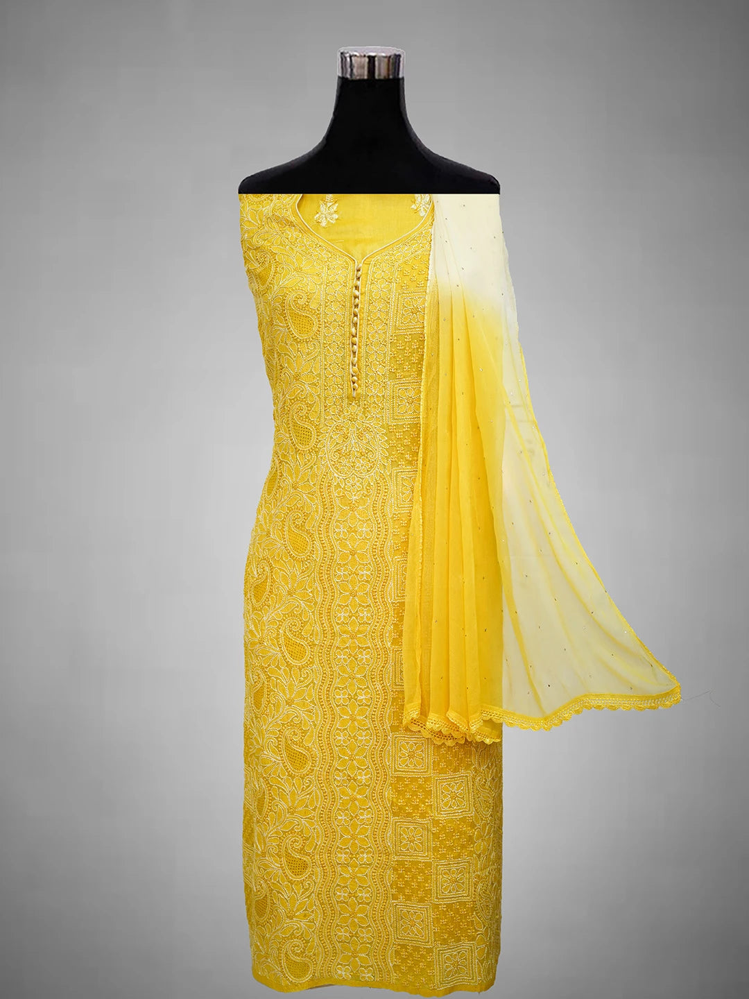 Ada Hand Embroidered Yellow Silk Lucknowi Chikankari Unstitched Suit Piece 01A691871