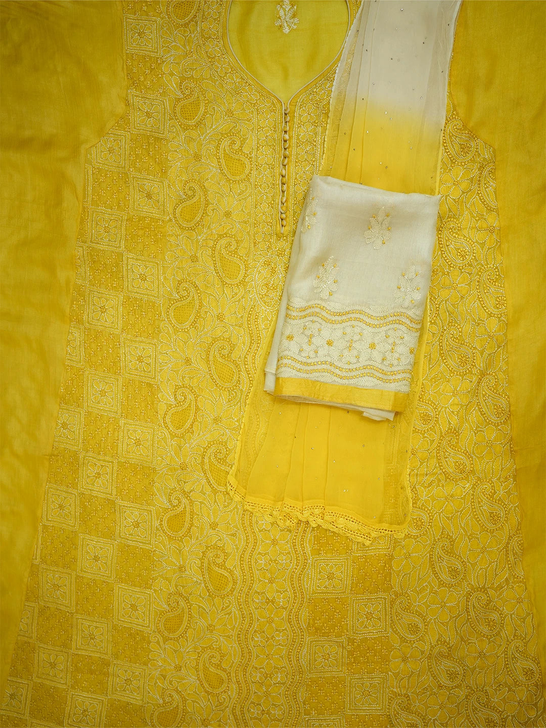 Ada Hand Embroidered Yellow Silk Lucknowi Chikankari Unstitched Suit Piece 01A691871