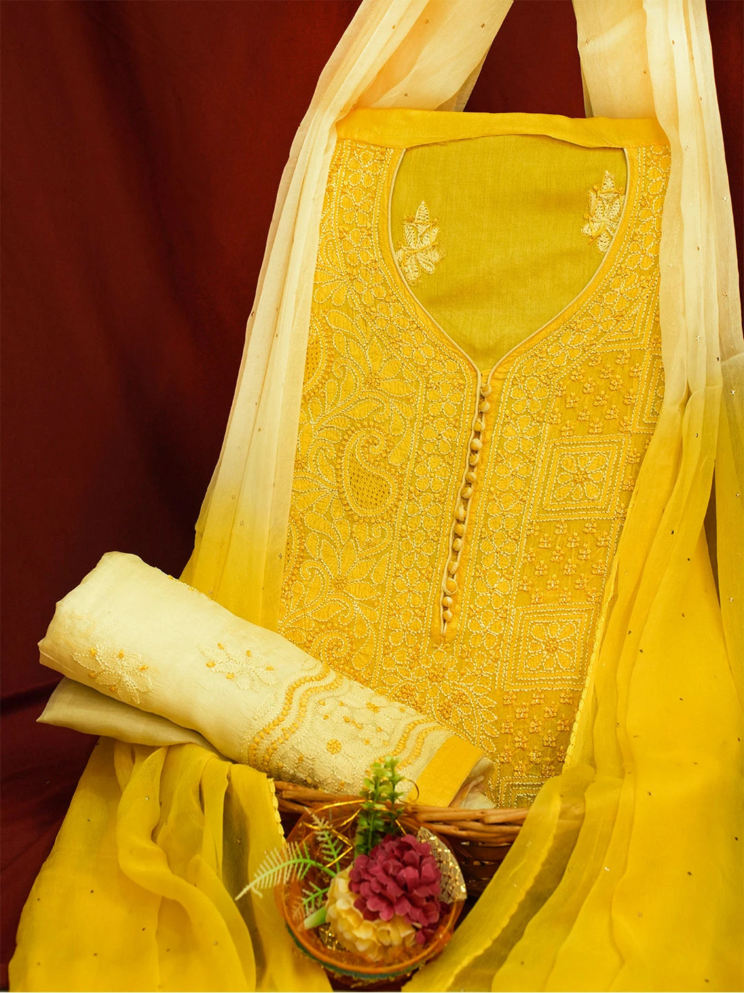 Ada Hand Embroidered Yellow Silk Lucknowi Chikankari Unstitched Suit Piece 01A691871