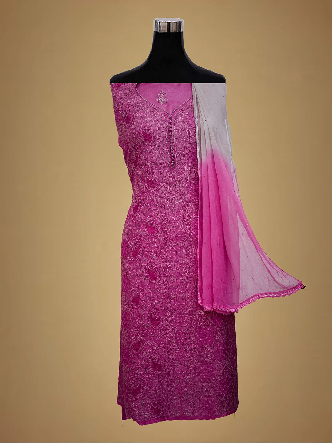 Ada Hand Embroidered Magenta Silk Lucknowi Chikankari Unstitched Suit Piece 01A691884