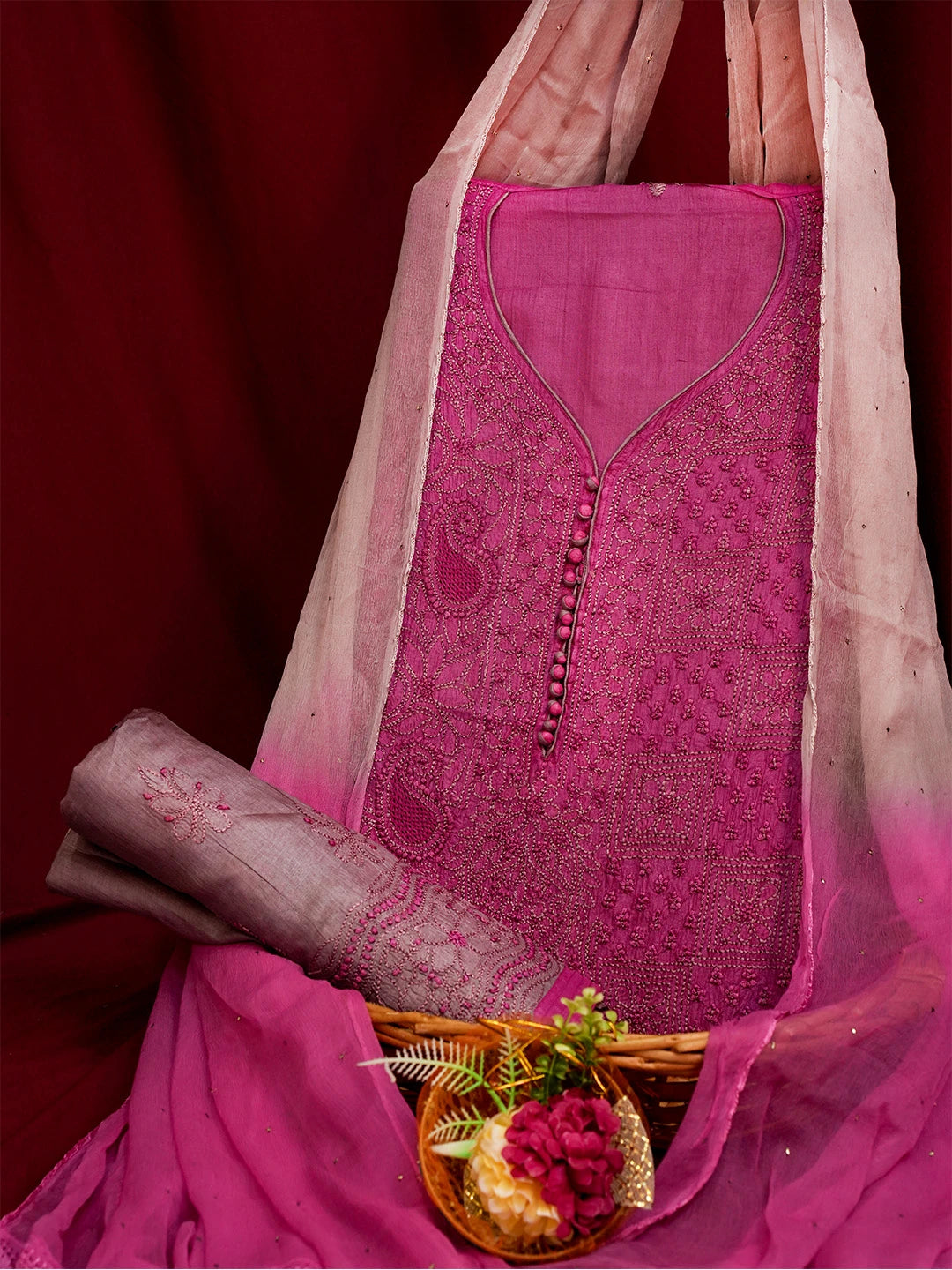 Ada Hand Embroidered Magenta Silk Lucknowi Chikankari Unstitched Suit Piece 01A691884