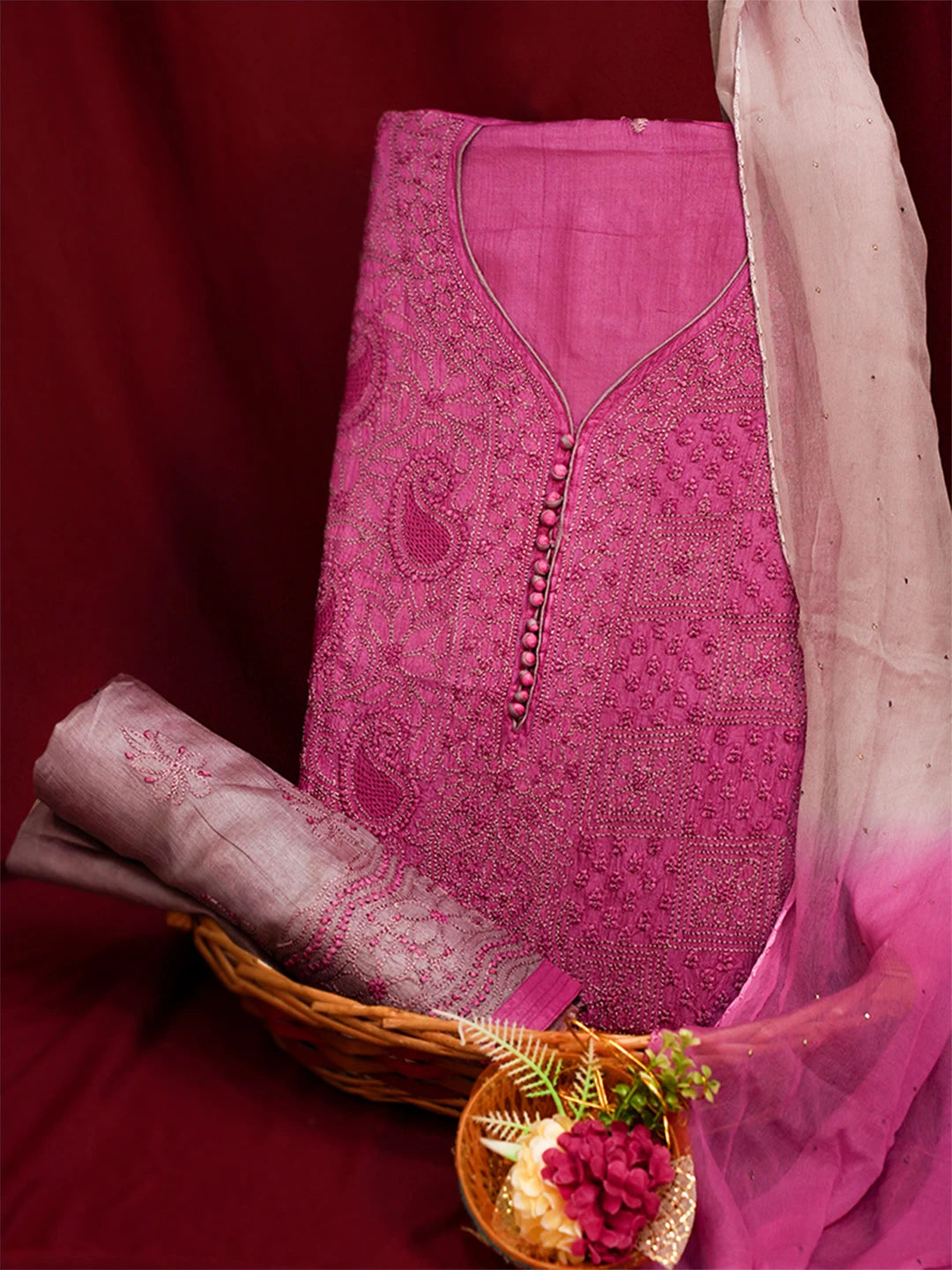 Ada Hand Embroidered Magenta Silk Lucknowi Chikankari Unstitched Suit Piece 01A691884