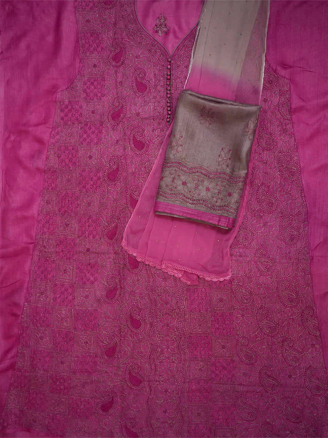 Ada Hand Embroidered Magenta Silk Lucknowi Chikankari Unstitched Suit Piece 01A691884