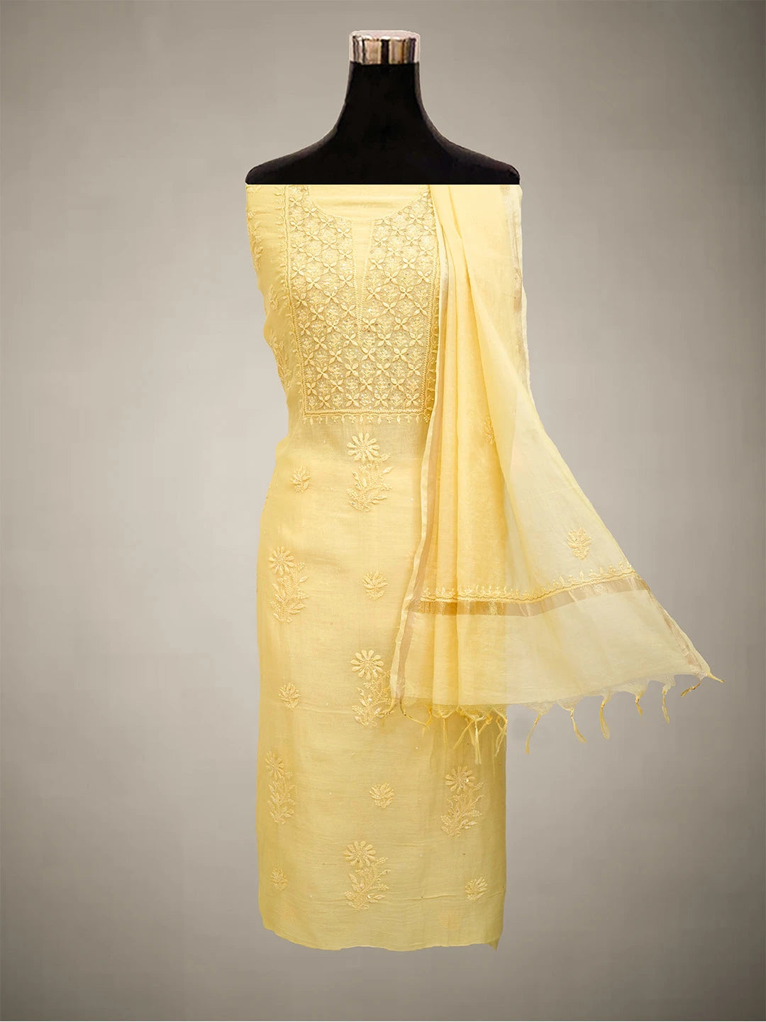 Ada Hand Embroidered Light Yellow Chanderi Lucknowi Chikankari Unstitched Kurta Dupatta Set With Zari Work 01A639152