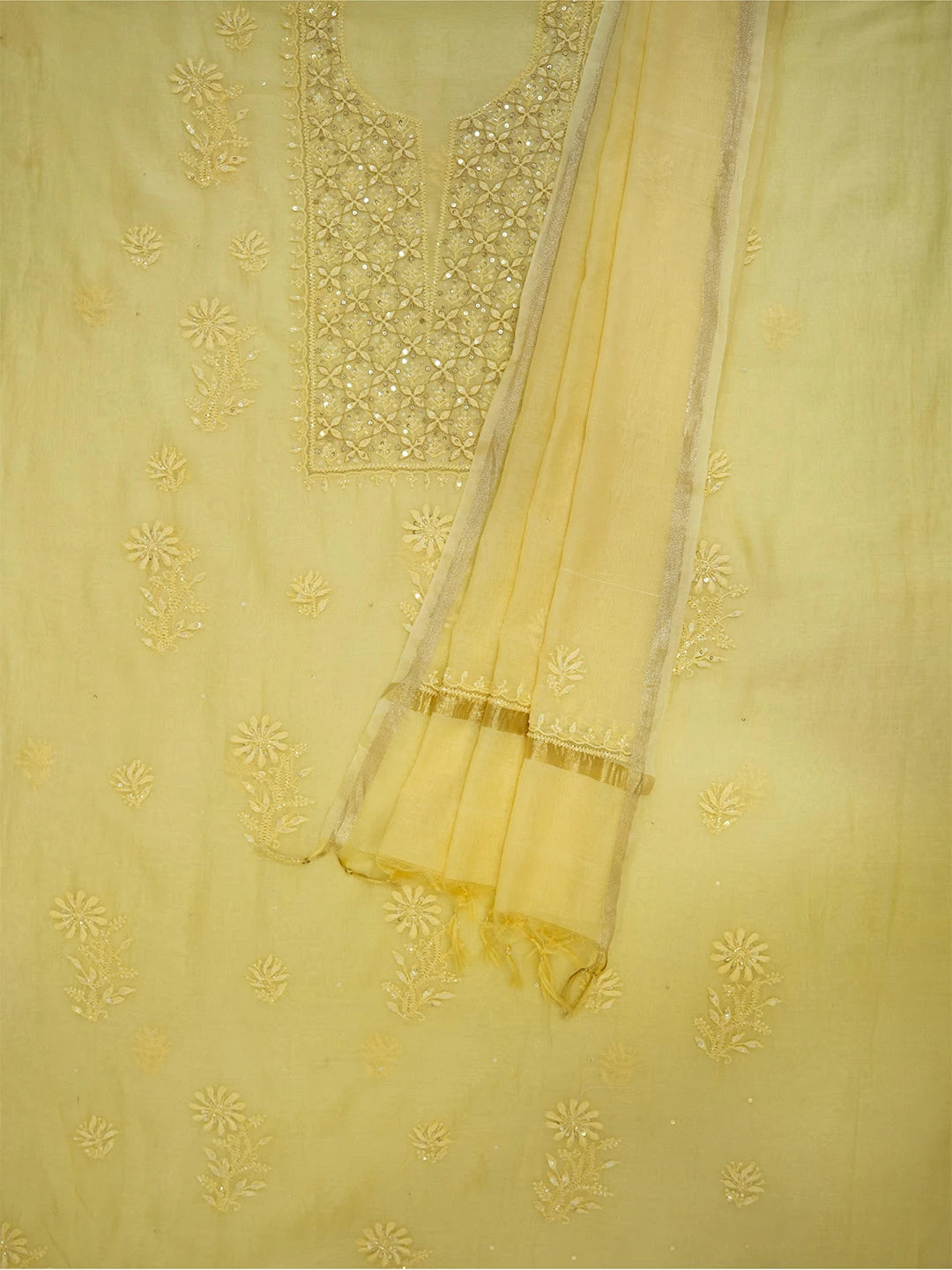 Ada Hand Embroidered Light Yellow Chanderi Lucknowi Chikankari Unstitched Kurta Dupatta Set With Zari Work 01A639152