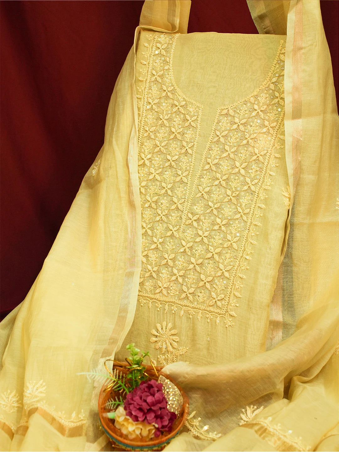 Ada Hand Embroidered Light Yellow Chanderi Lucknowi Chikankari Unstitched Kurta Dupatta Set With Zari Work 01A639152