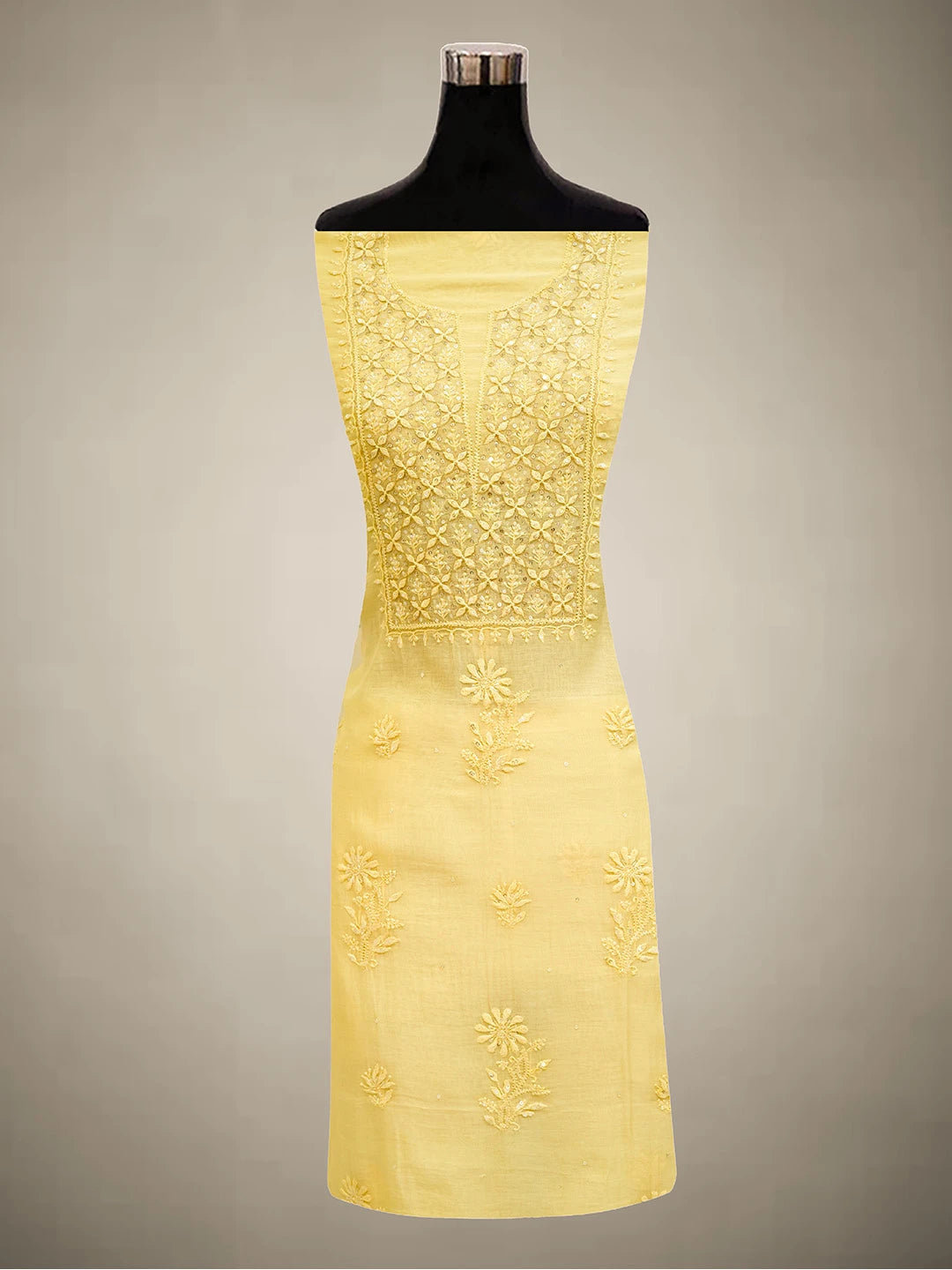 Ada Hand Embroidered Light Yellow Chanderi Lucknowi Chikankari Unstitched Kurta Dupatta Set With Zari Work 01A639152