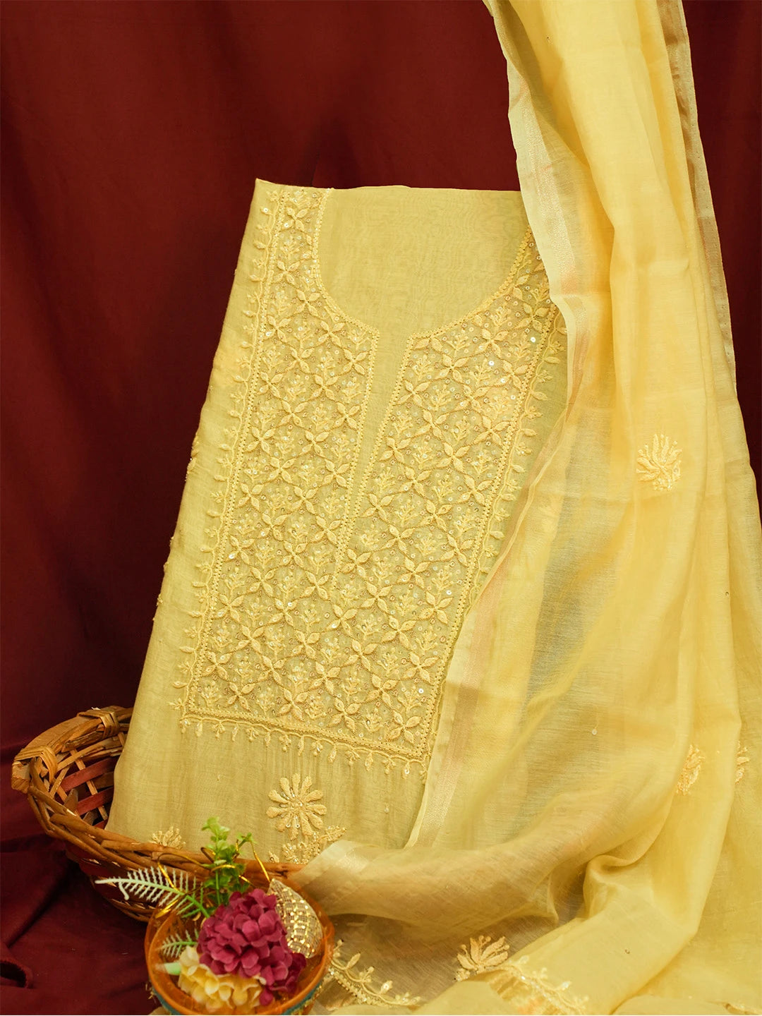 Ada Hand Embroidered Light Yellow Chanderi Lucknowi Chikankari Unstitched Kurta Dupatta Set With Zari Work 01A639152