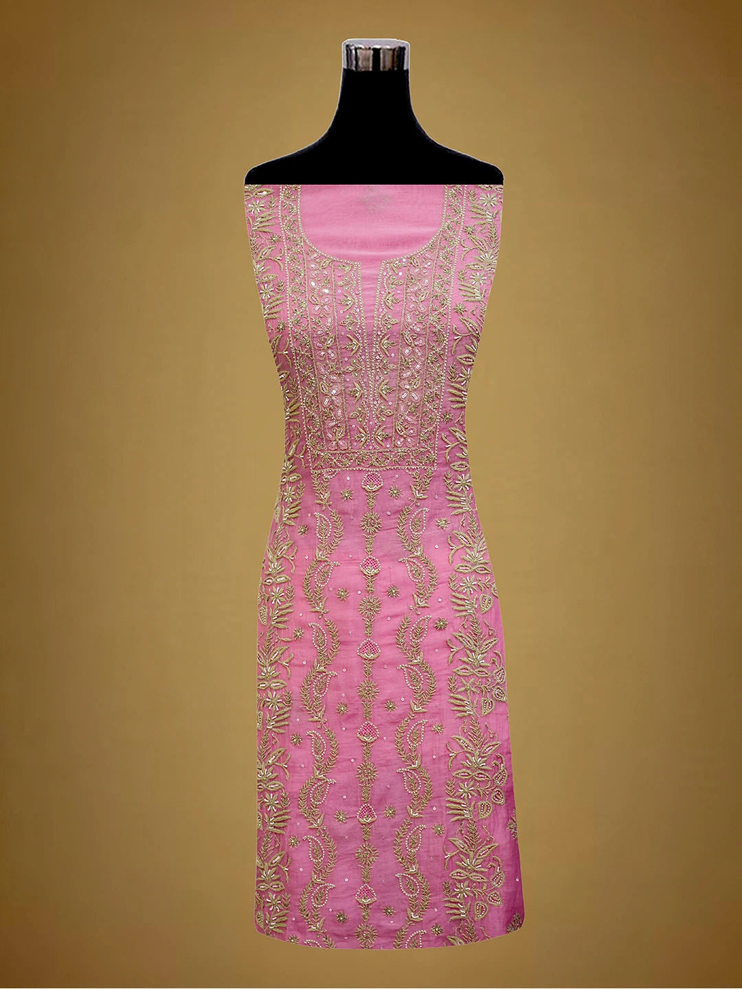 Ada Hand Embroidered Pink Chanderi Lucknowi Chikankari Unstitched Kurta Dupatta Set With Pearl Work 01A610244