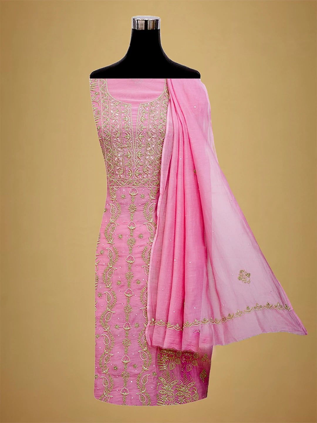 Ada Hand Embroidered Pink Chanderi Lucknowi Chikankari Unstitched Kurta Dupatta Set With Pearl Work 01A610244