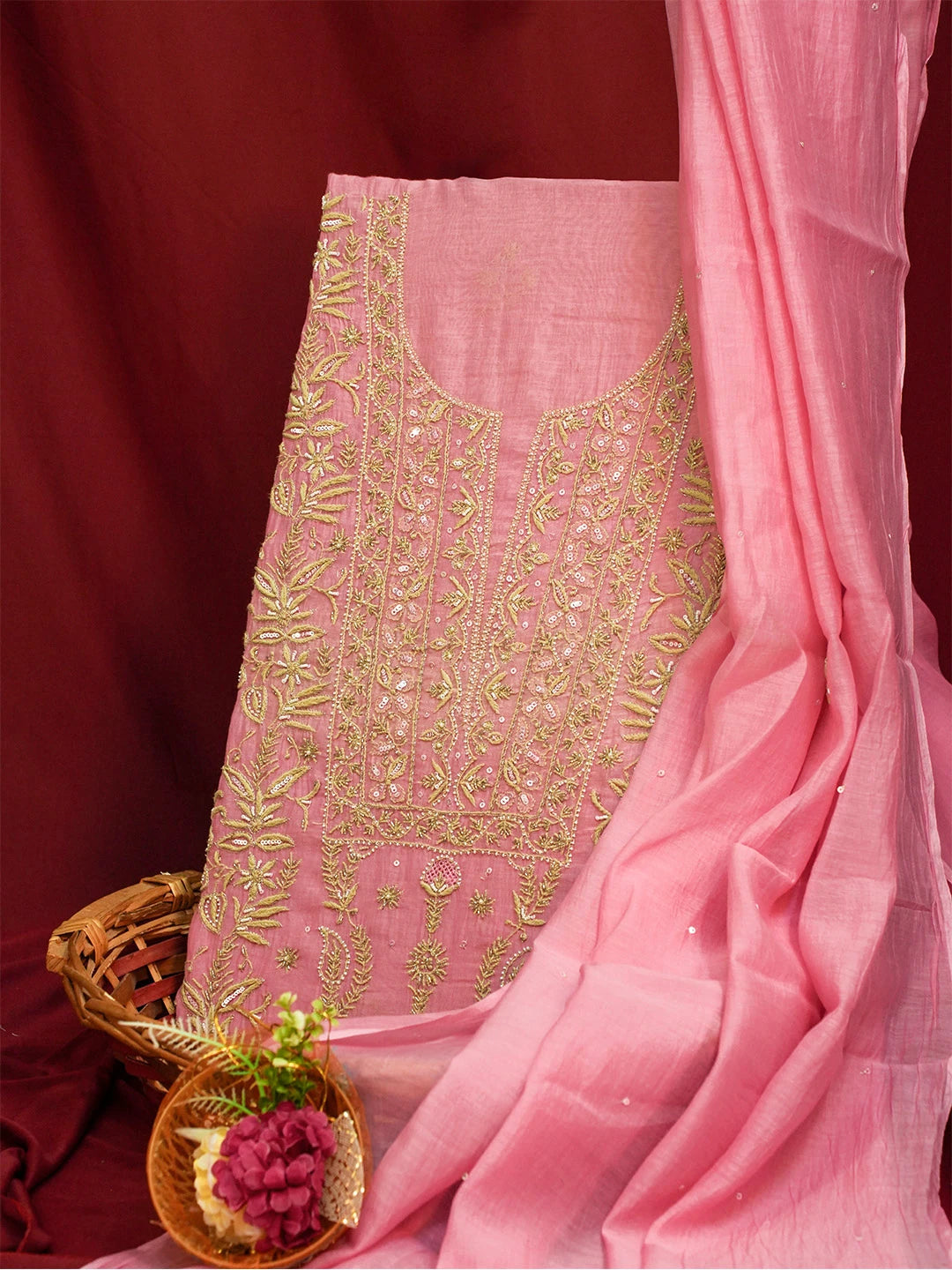Ada Hand Embroidered Pink Chanderi Lucknowi Chikankari Unstitched Kurta Dupatta Set With Pearl Work 01A610244