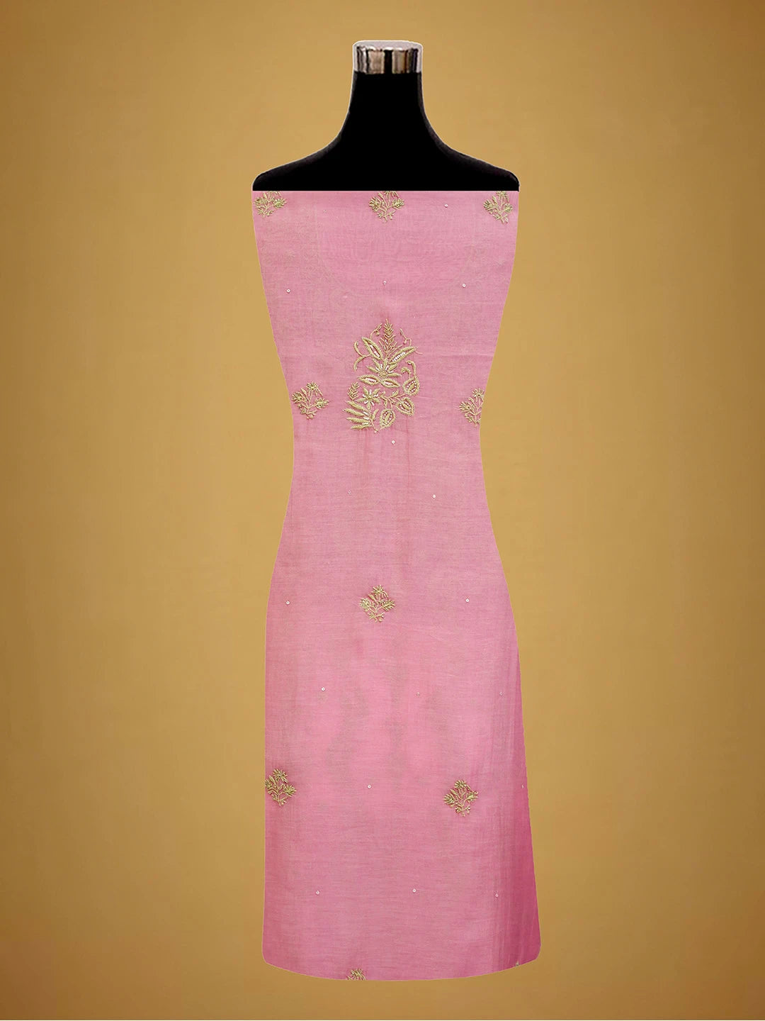 Ada Hand Embroidered Pink Chanderi Lucknowi Chikankari Unstitched Kurta Dupatta Set With Pearl Work 01A610244