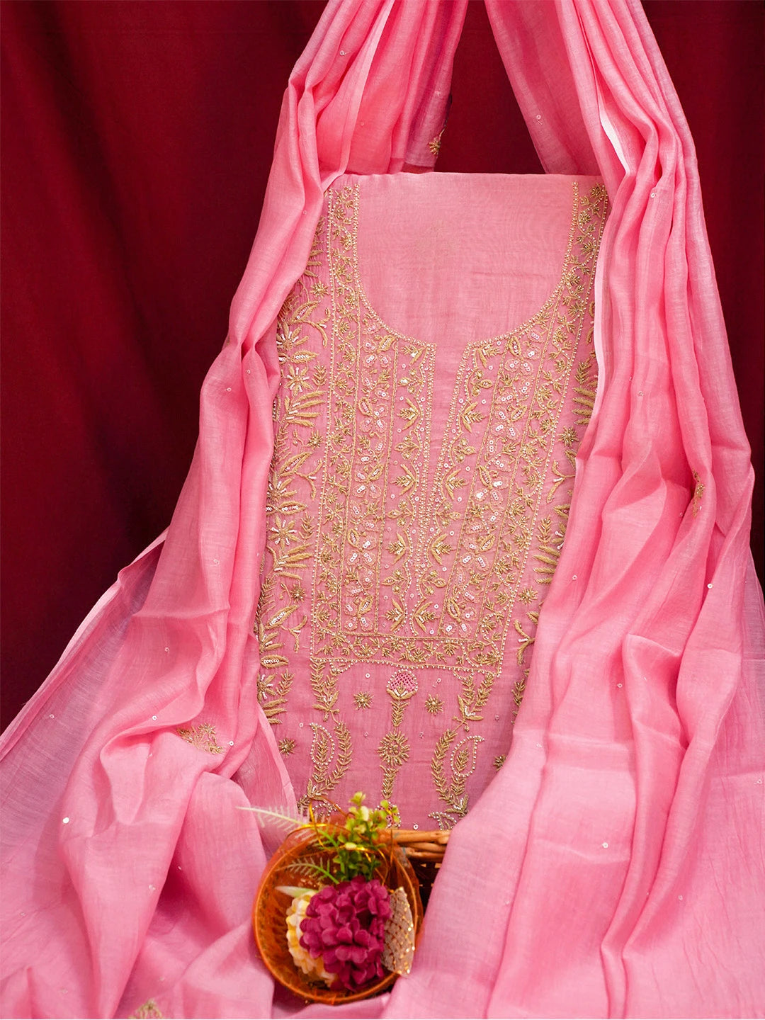 Ada Hand Embroidered Pink Chanderi Lucknowi Chikankari Unstitched Kurta Dupatta Set With Pearl Work 01A610244