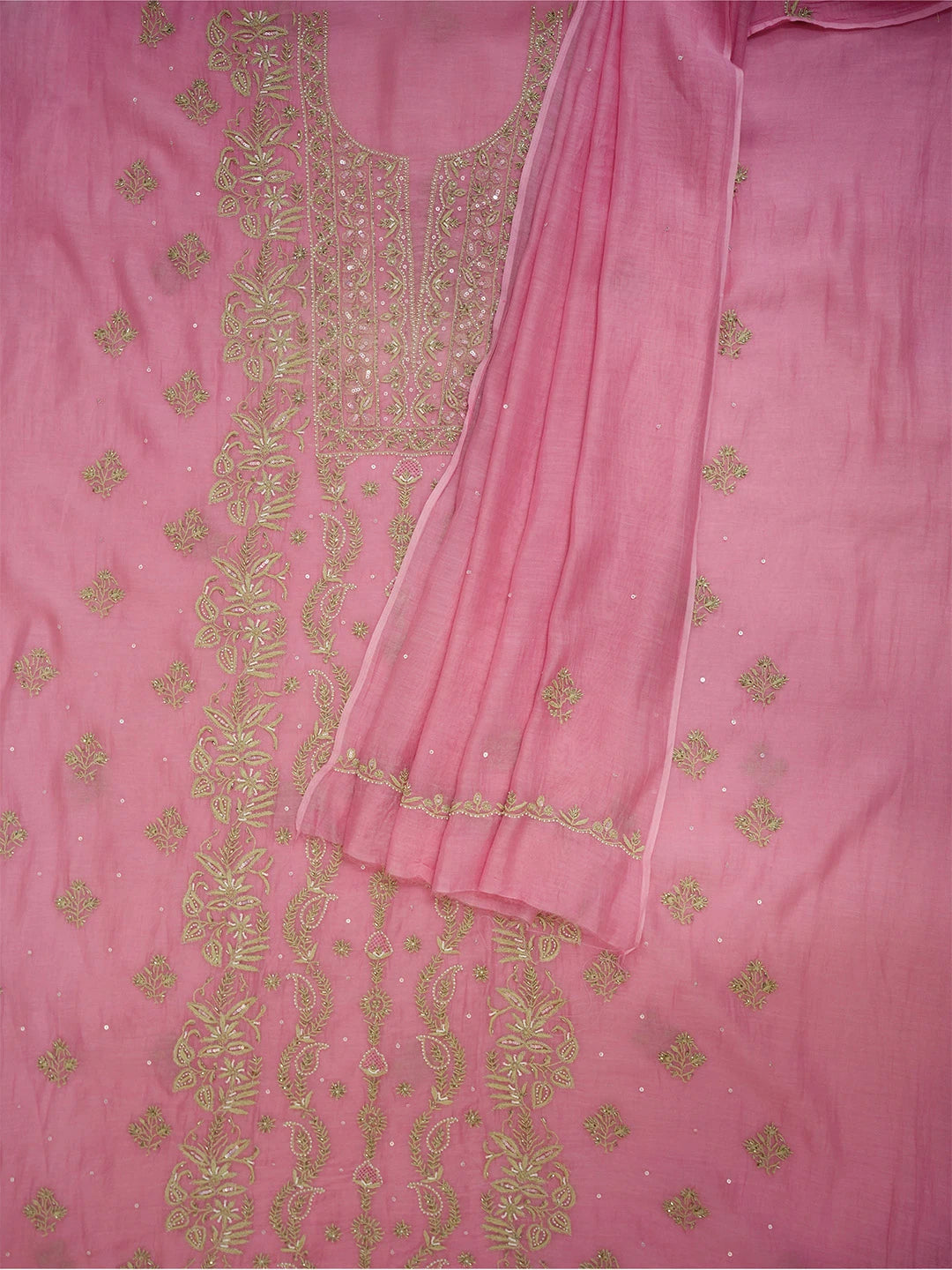 Ada Hand Embroidered Pink Chanderi Lucknowi Chikankari Unstitched Kurta Dupatta Set With Pearl Work 01A610244