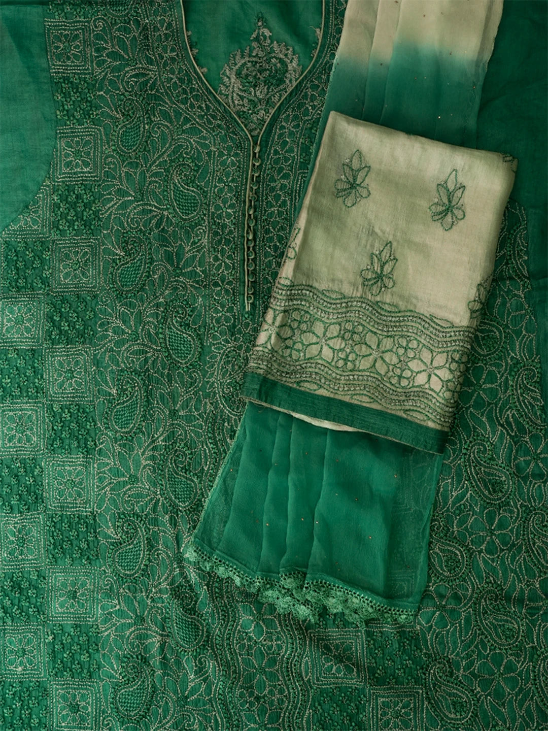 Ada Hand Embroidered Green Silk Lucknowi Chikankari Unstitched Suit Piece 01A691879