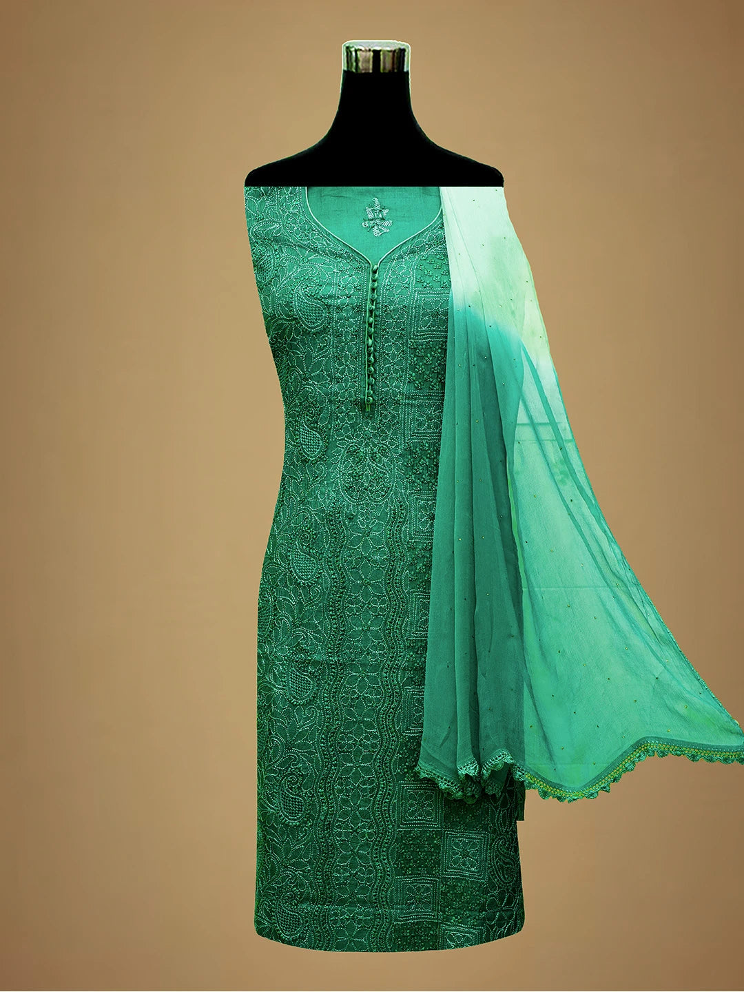 Ada Hand Embroidered Green Silk Lucknowi Chikankari Unstitched Suit Piece 01A691879