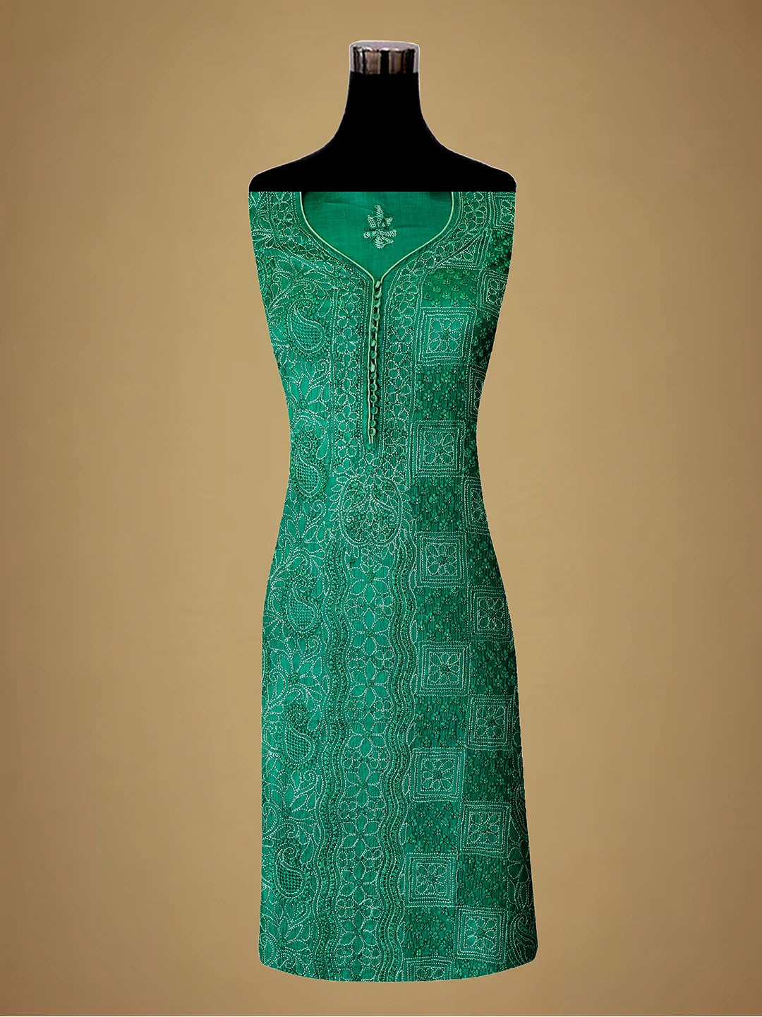 Ada Hand Embroidered Green Silk Lucknowi Chikankari Unstitched Suit Piece 01A691879